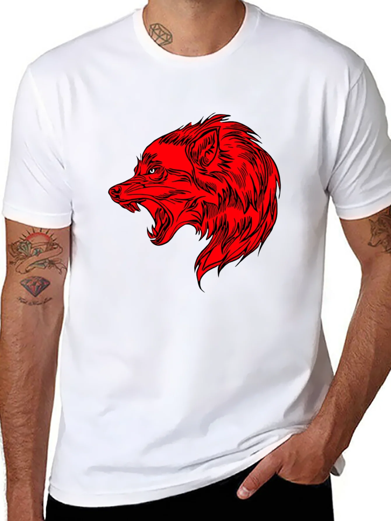 Rebbecca Mens Black T-Shirt with Red Wolf Graphic