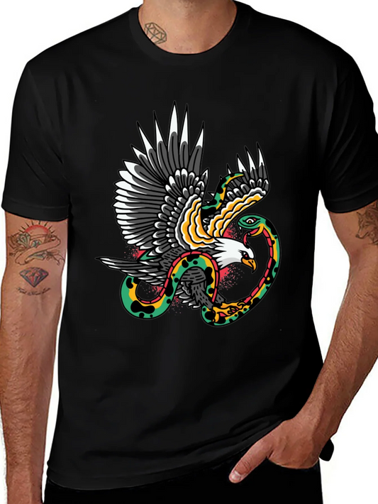 Camiseta Negra con Estampado de ¨¢guila y Serpiente