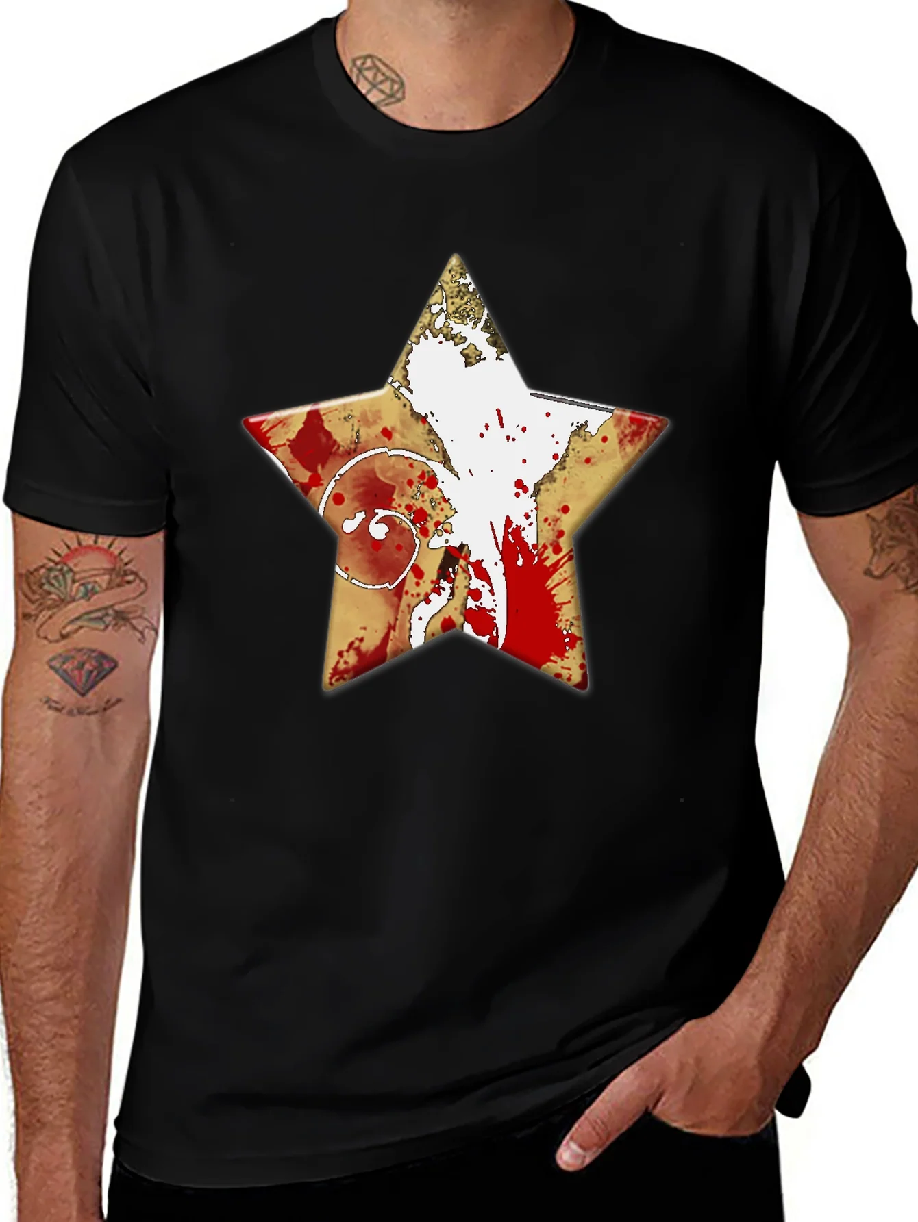 Camiseta Negra Estrella con Dise?o Abstracto