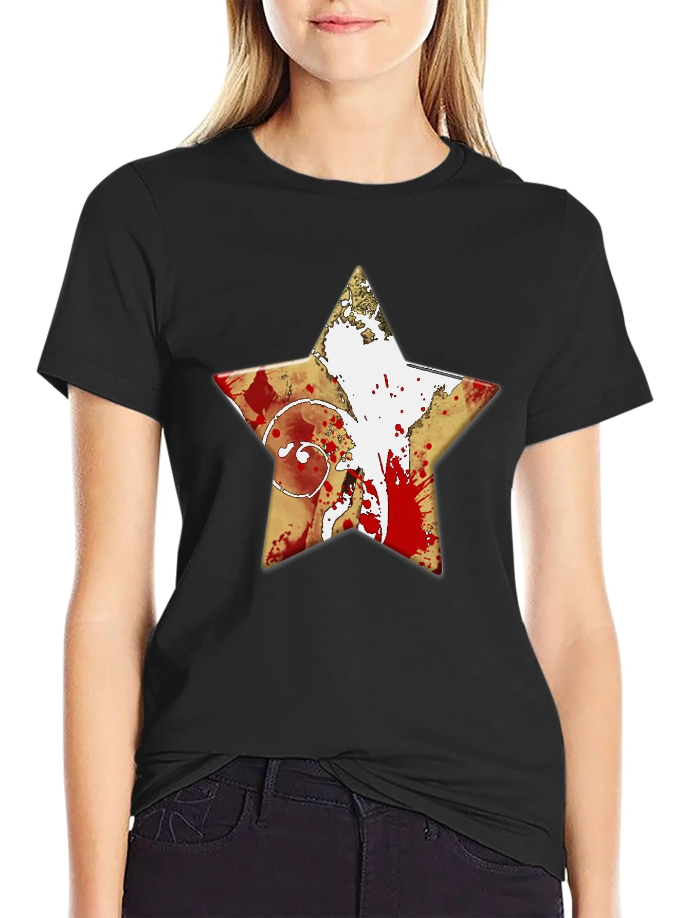 Camiseta Negra Estrella con Dise?o Abstracto