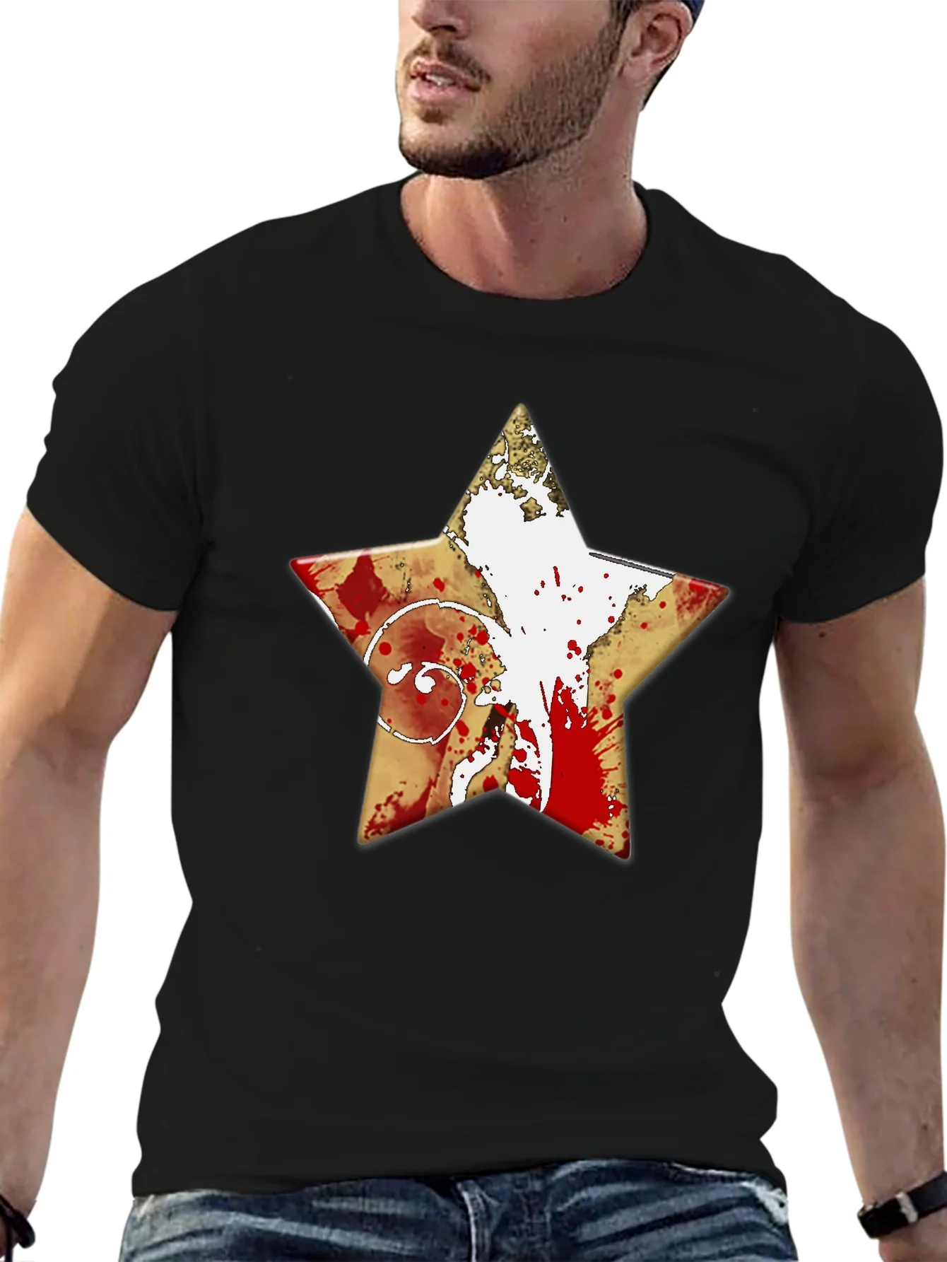 Camiseta Negra Estrella con Dise?o Abstracto