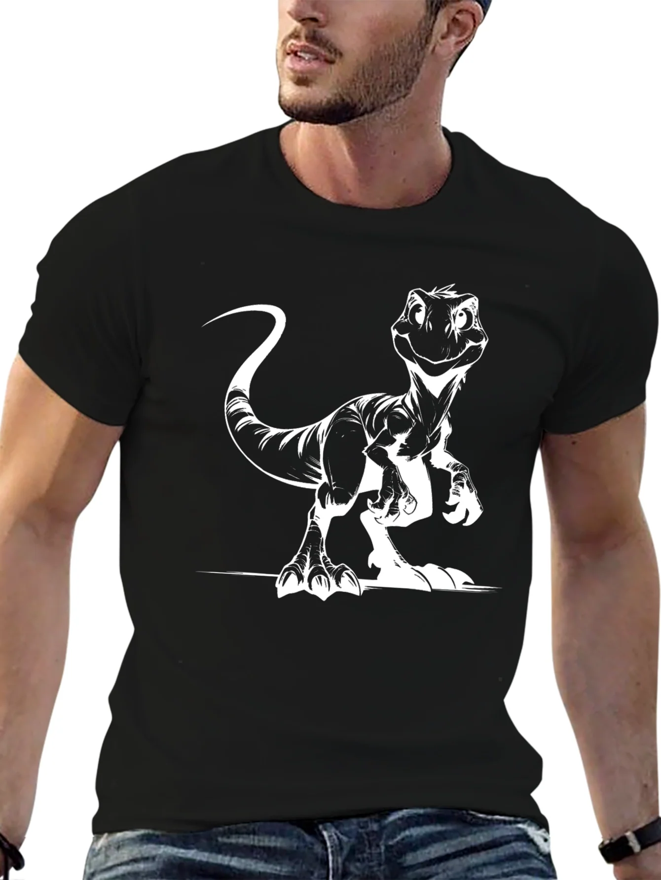 Camiseta Negra con Estampado de Dinosaurio Raptor