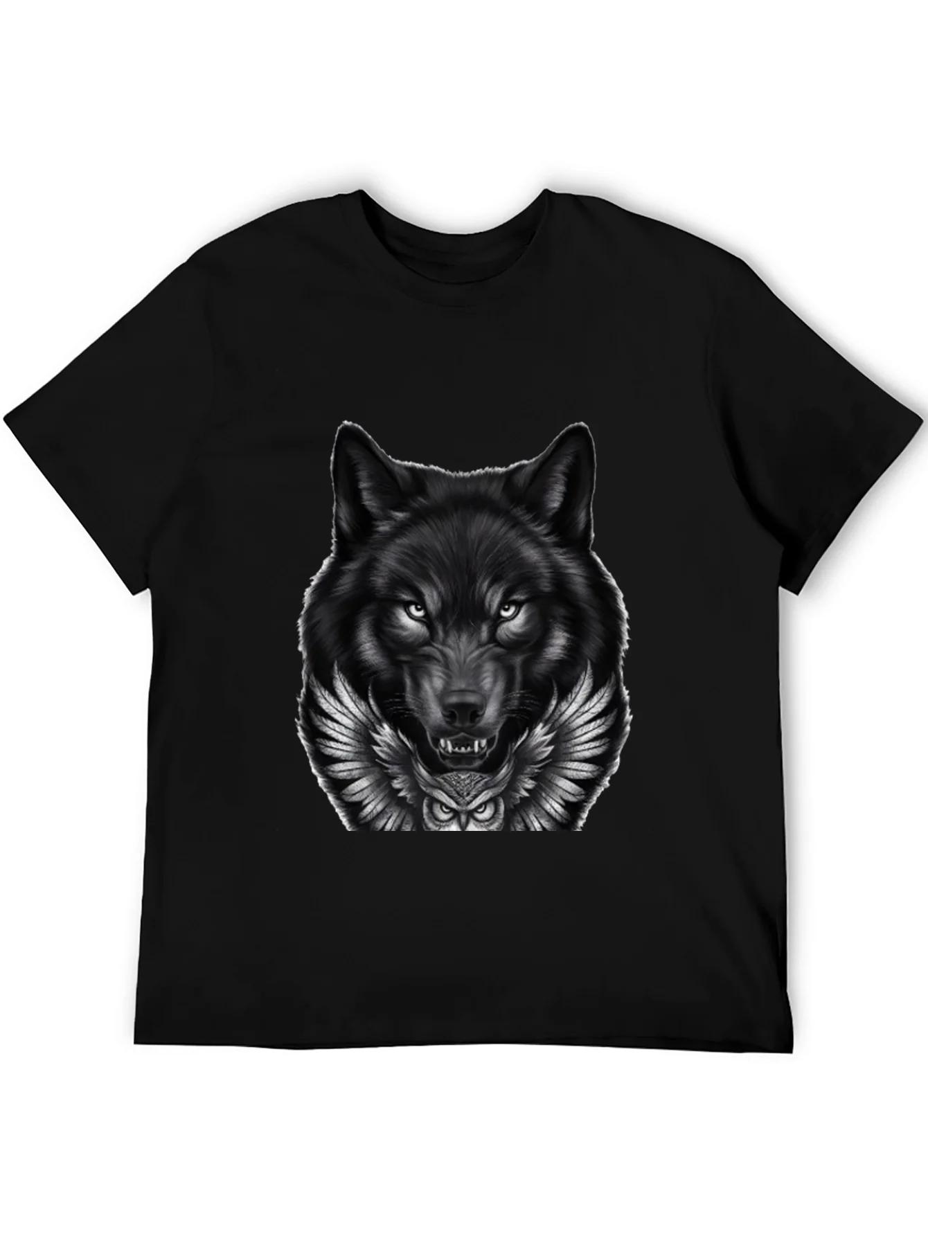 Camiseta Negra con Dise?o Lobo y B¨²ho
