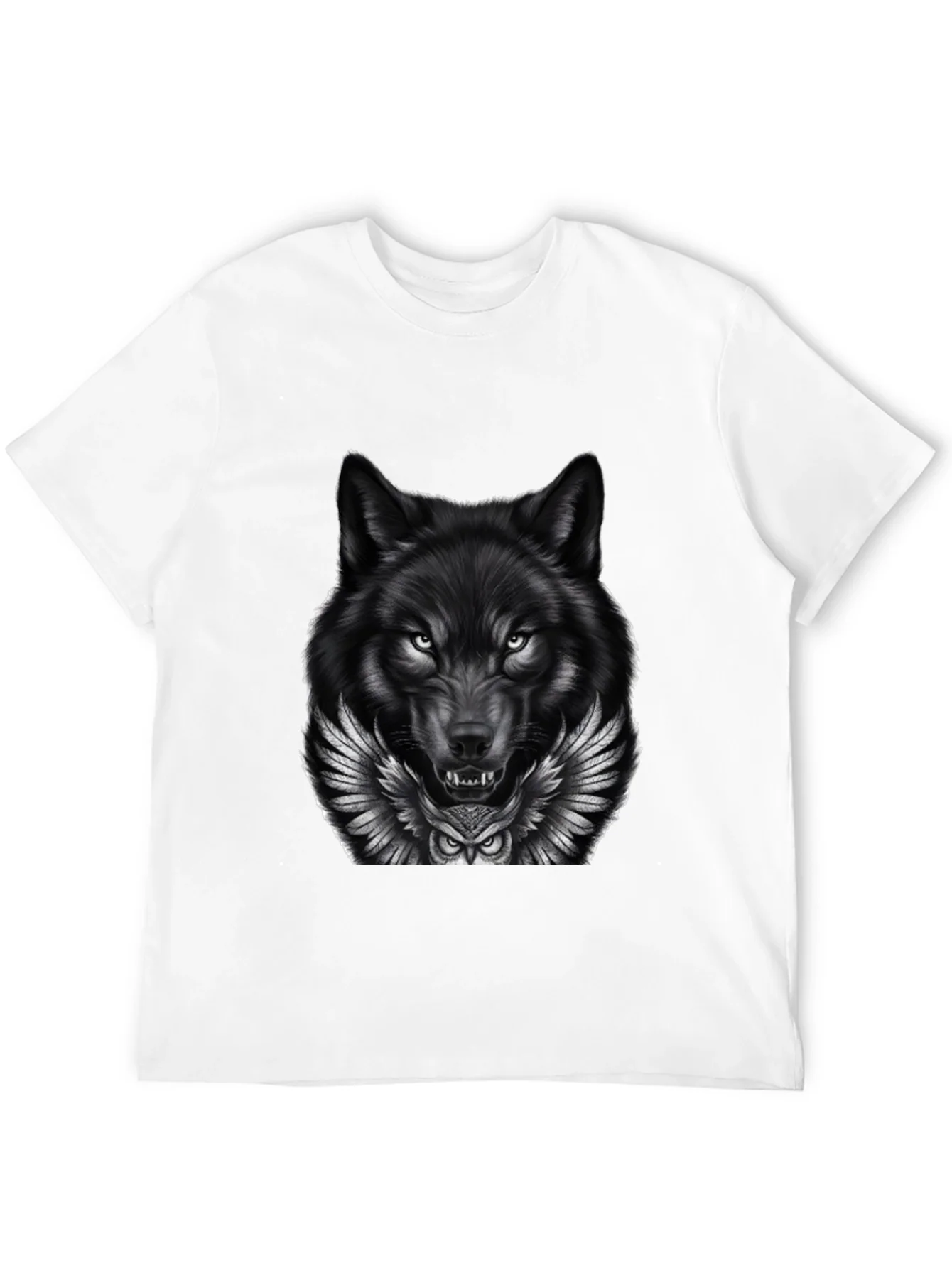 Camiseta Negra con Dise?o Lobo y B¨²ho