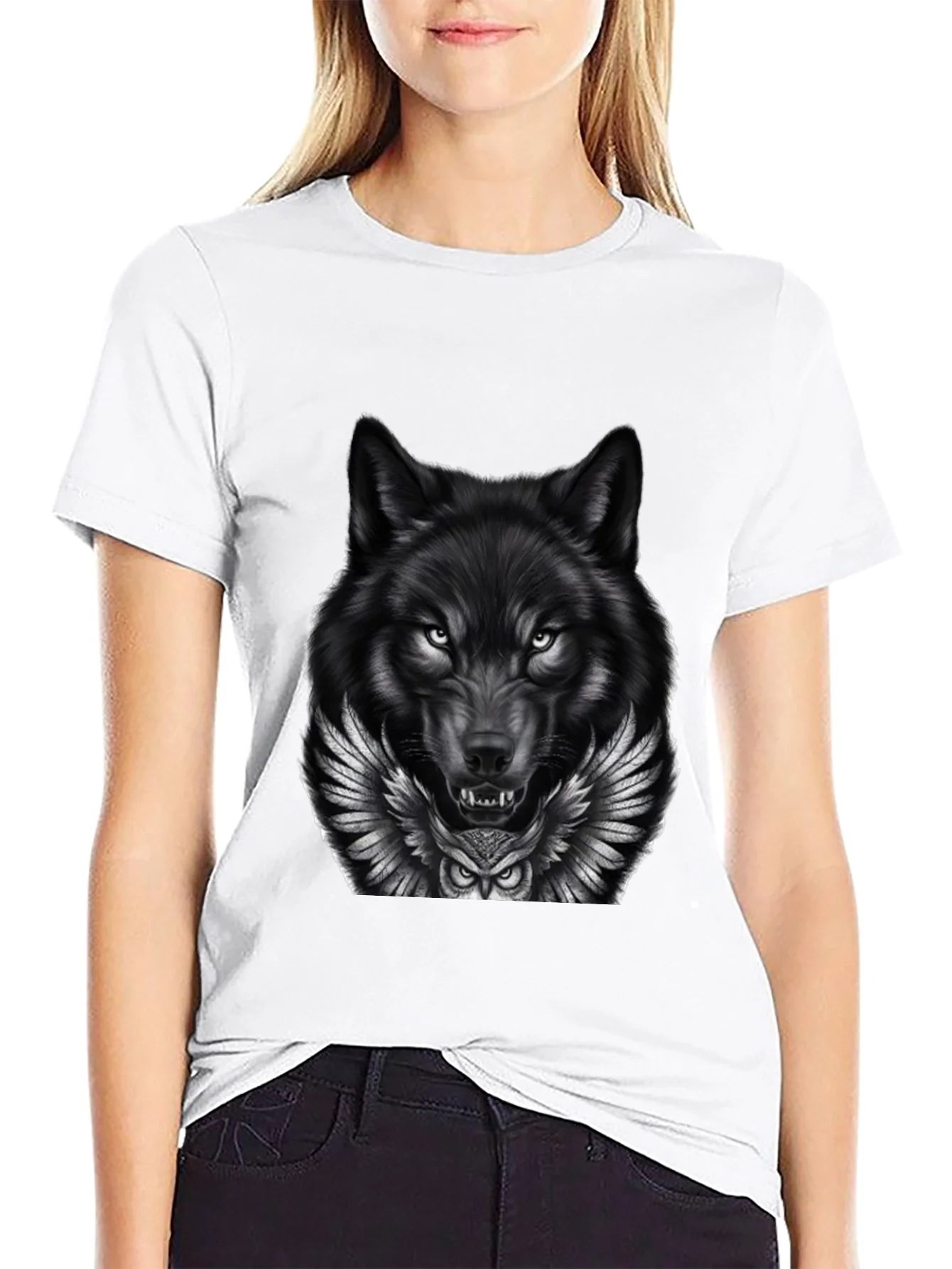 Camiseta Negra con Dise?o Lobo y B¨²ho