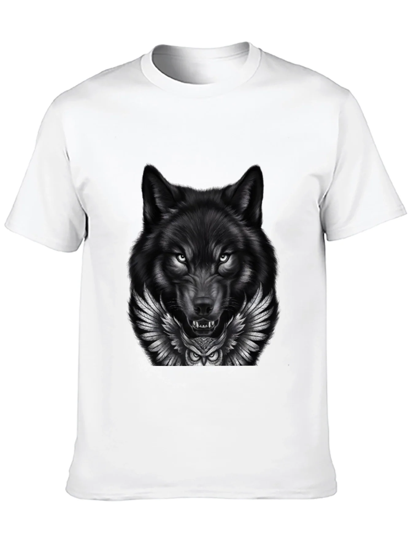 Camiseta Negra con Dise?o Lobo y B¨²ho