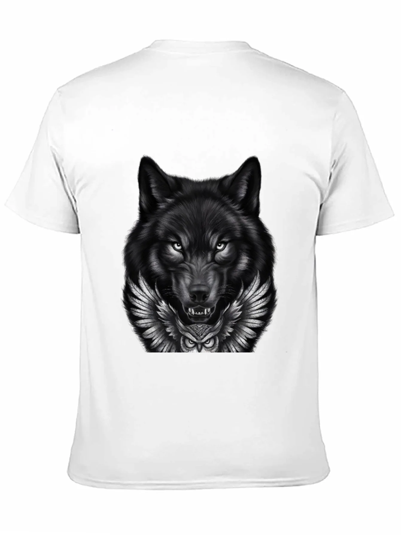Camiseta Negra con Dise?o Lobo y B¨²ho