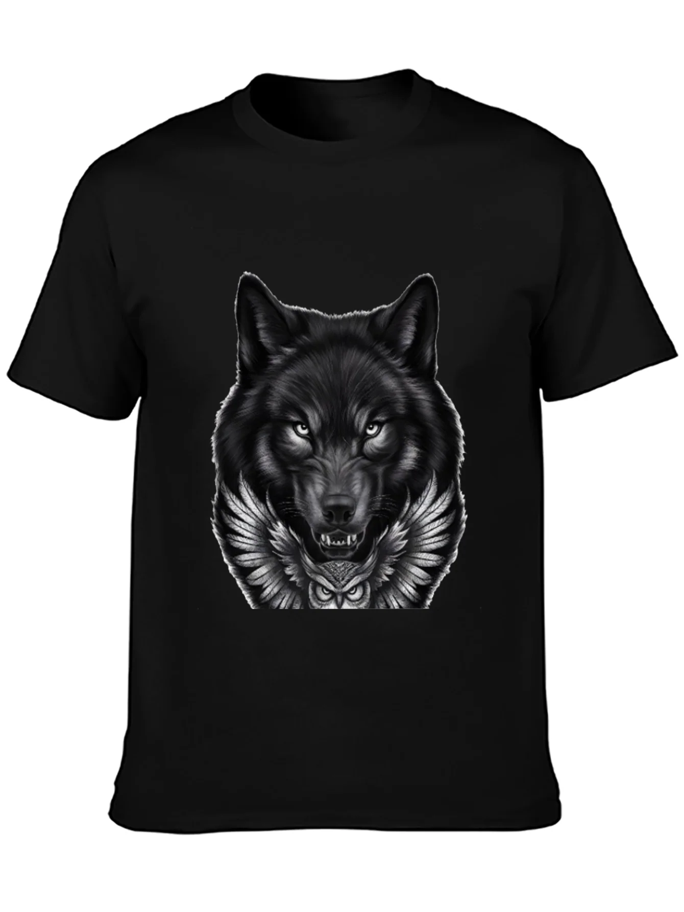 Camiseta Negra con Dise?o Lobo y B¨²ho