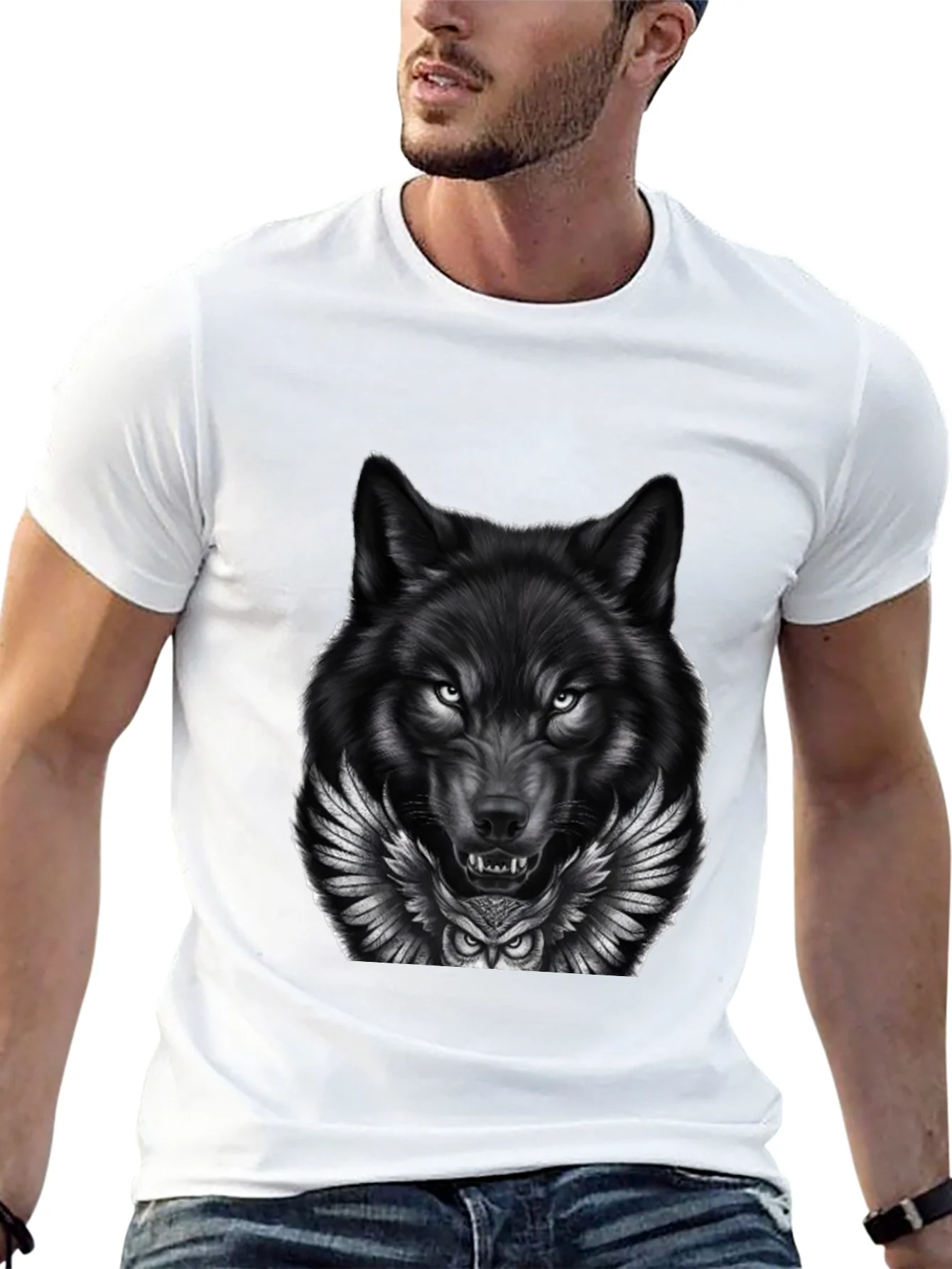 Camiseta Negra con Dise?o Lobo y B¨²ho