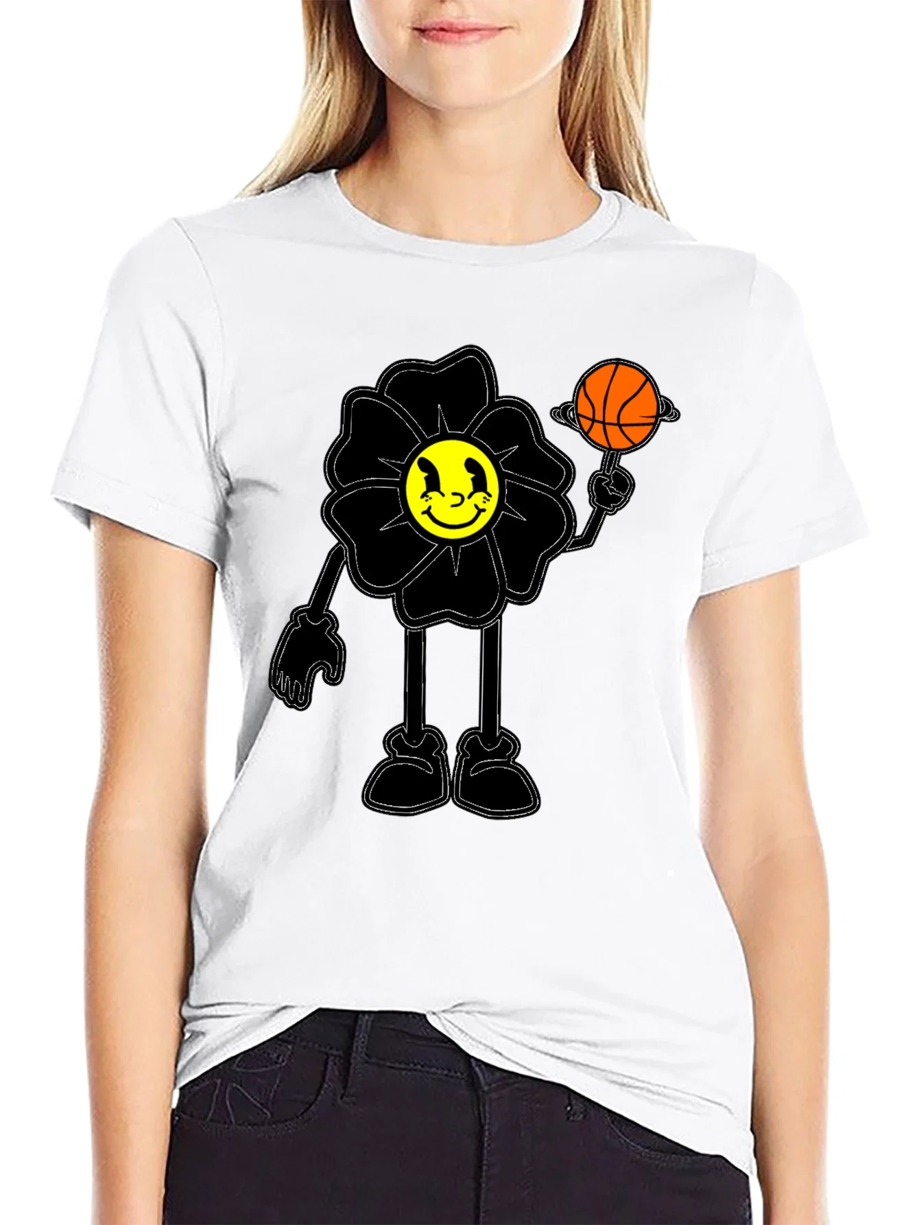 Rebbecca Smiley Flower Graphic Tee - Trendy Black T-Shirt