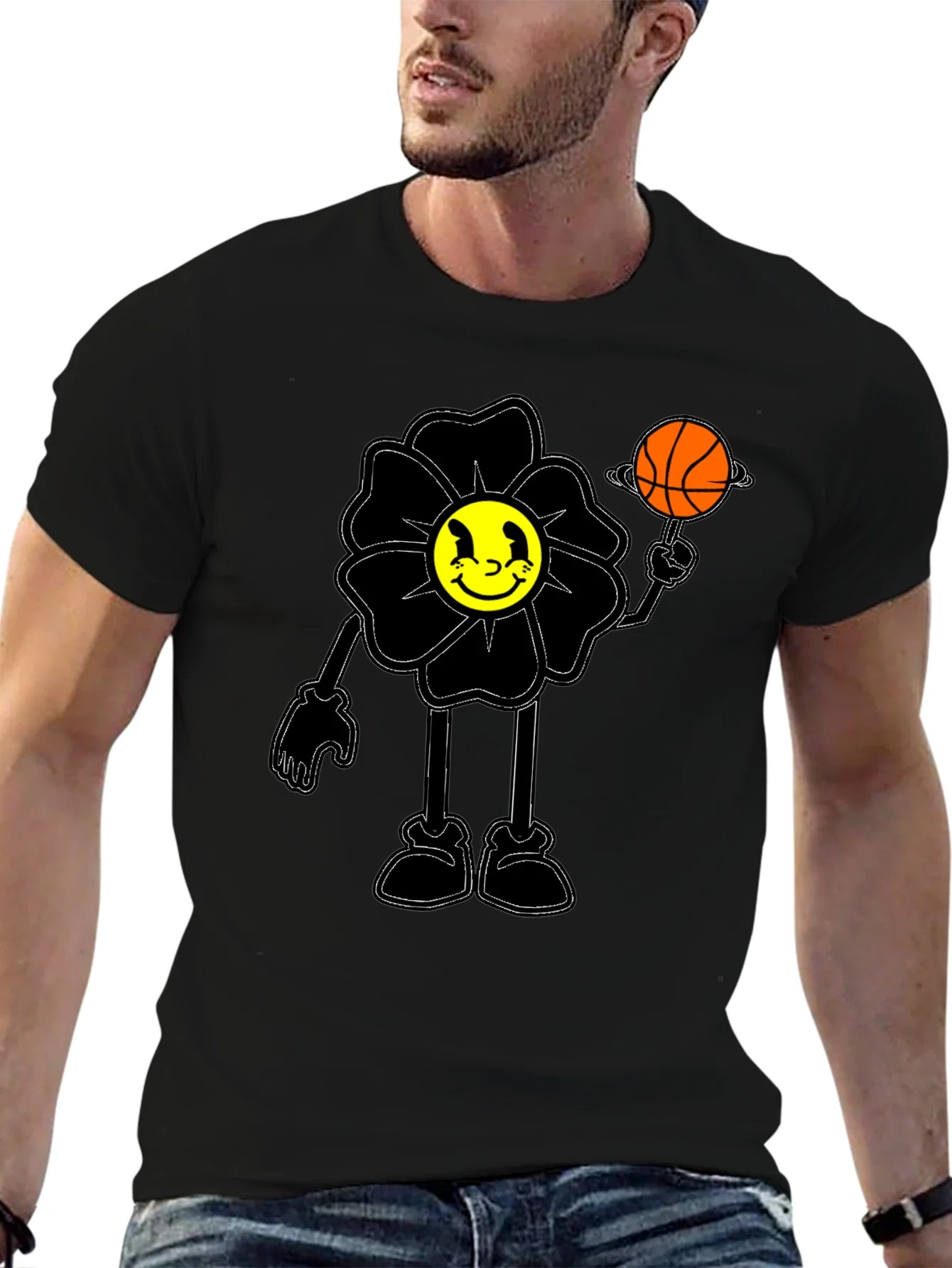 Rebbecca Smiley Flower Graphic Tee - Trendy Black T-Shirt