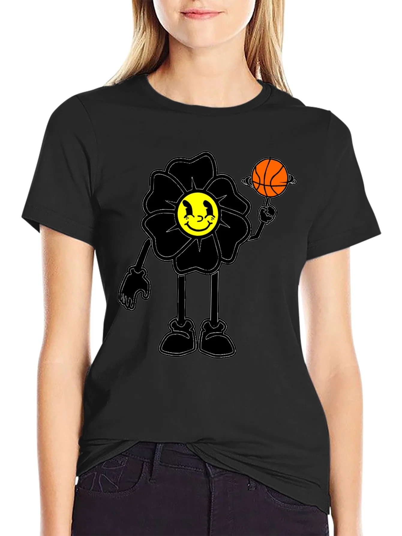 Rebbecca Smiley Flower Graphic Tee - Trendy Black T-Shirt
