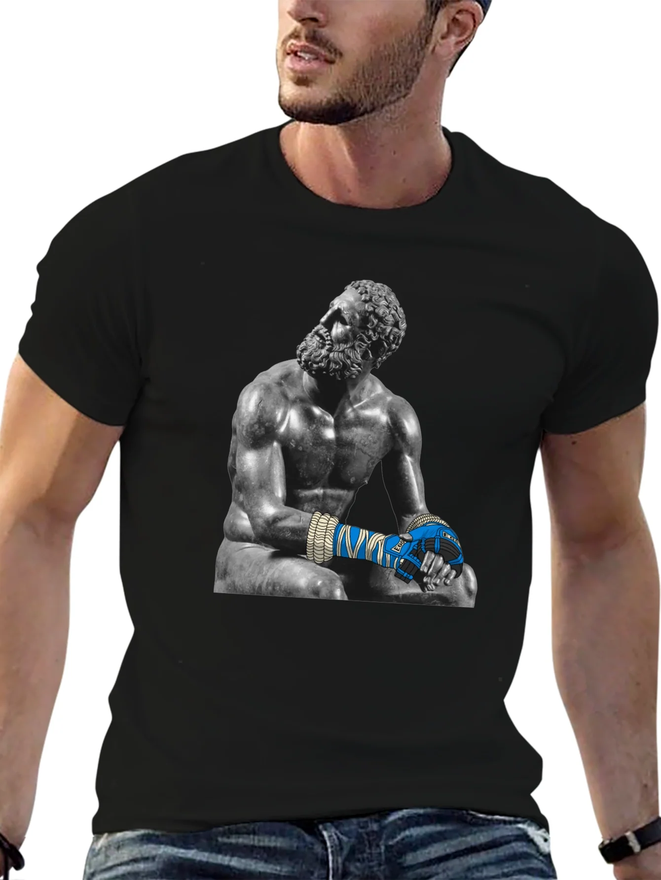 Camiseta Negra con Estatua de Boxeador