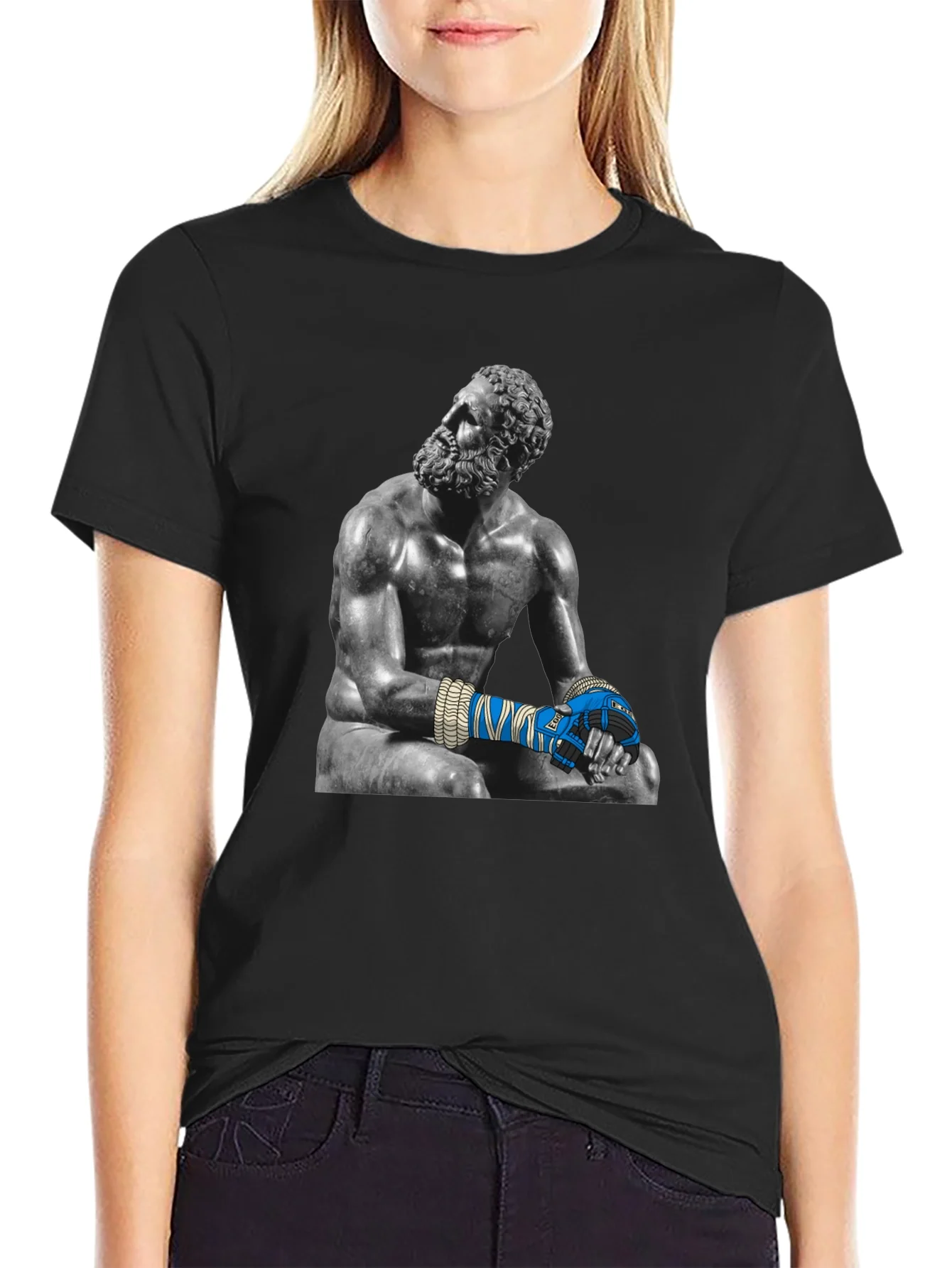 Camiseta Negra con Estatua de Boxeador