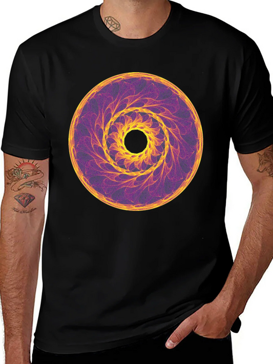 Camiseta Negra con Mandala Espiral Amarilla y Morada