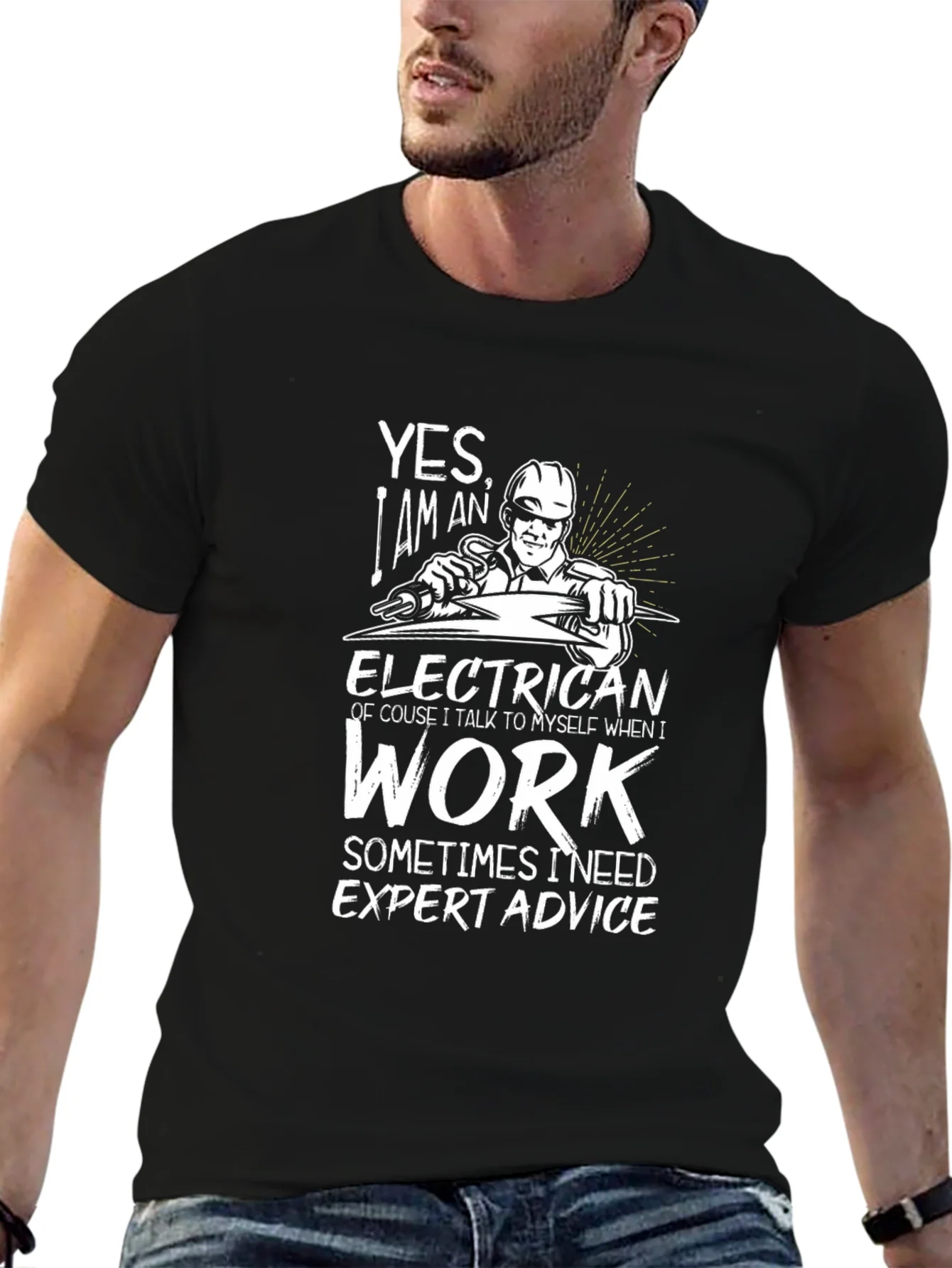 Camiseta Negra con Dise?o de Electricista para Hombre