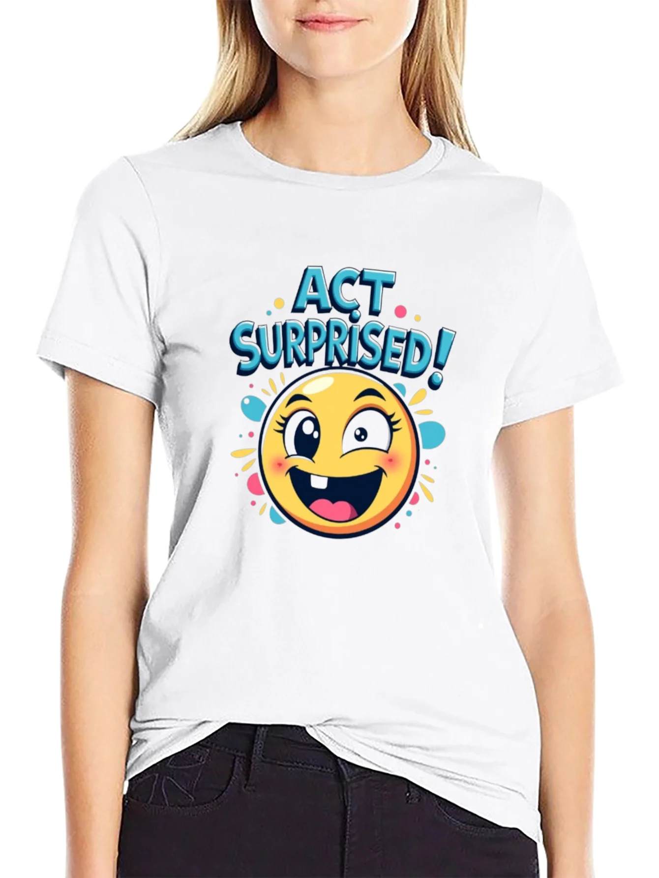 Camiseta Negra con Dise?o de Emoji Sorprendido