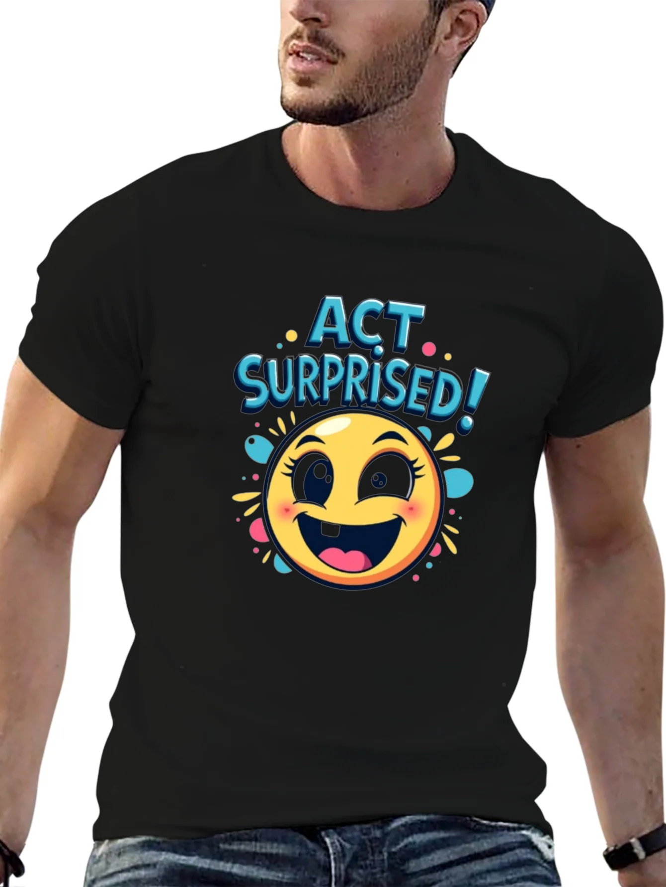 Camiseta Negra con Dise?o de Emoji Sorprendido