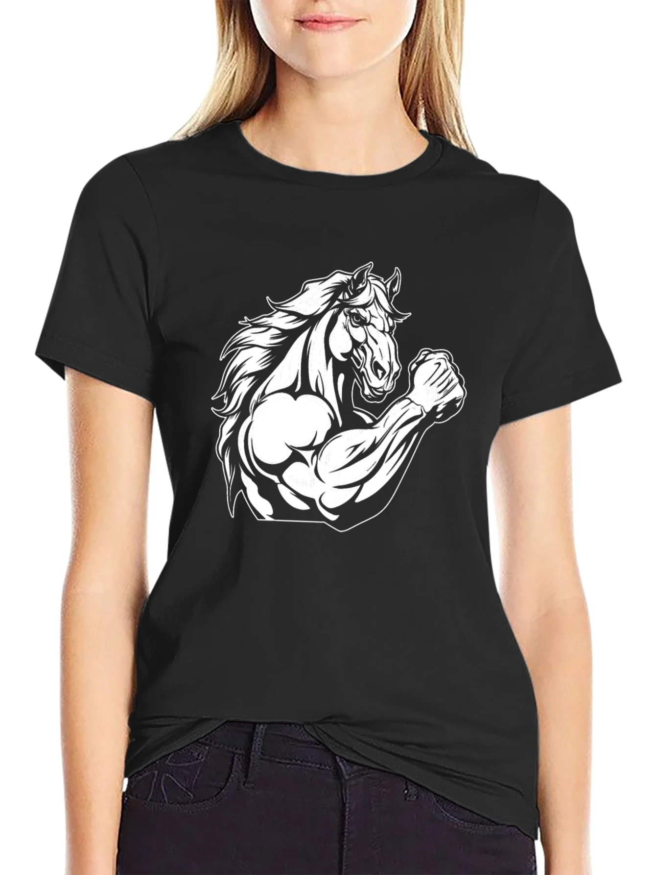 Camiseta Negra con Dise?o de Caballo Musculoso