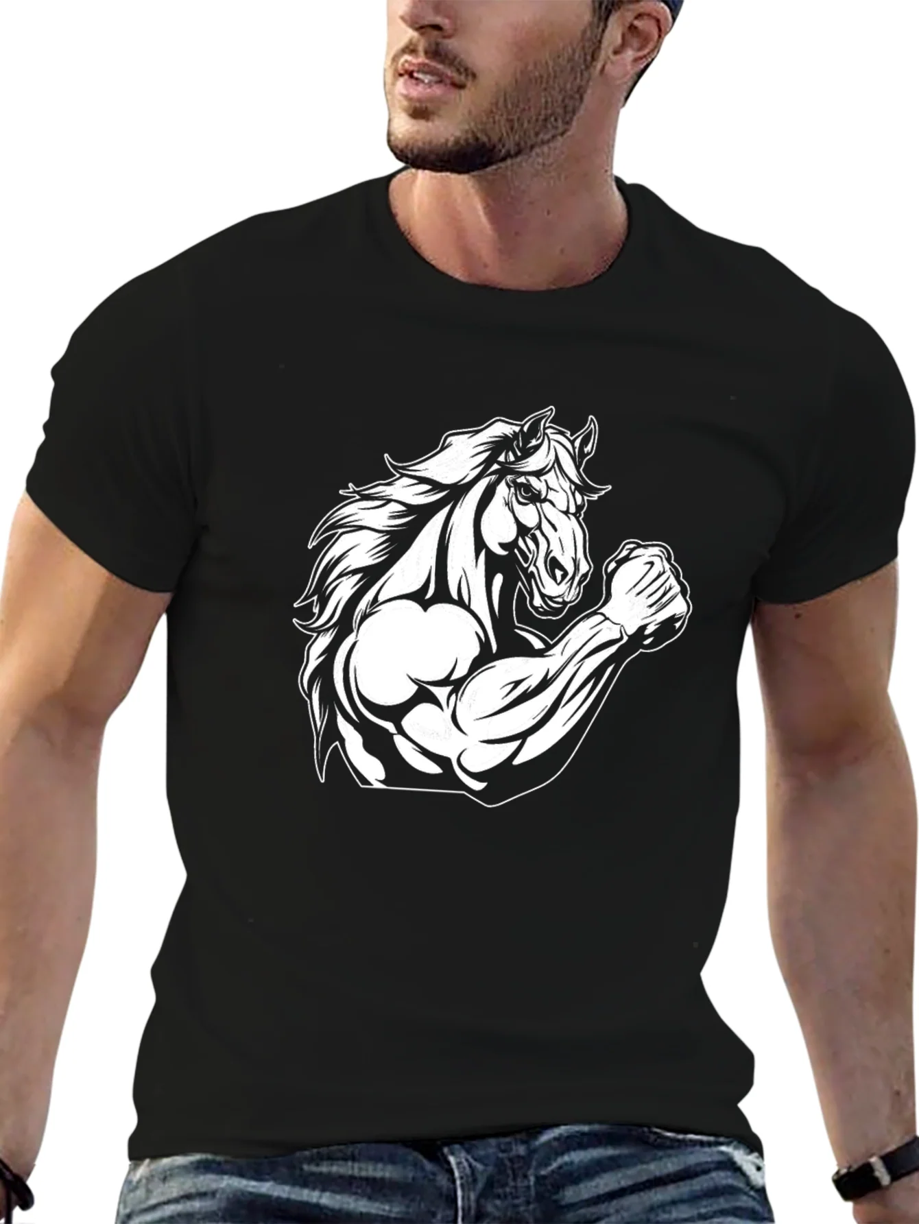 Camiseta Negra con Dise?o de Caballo Musculoso