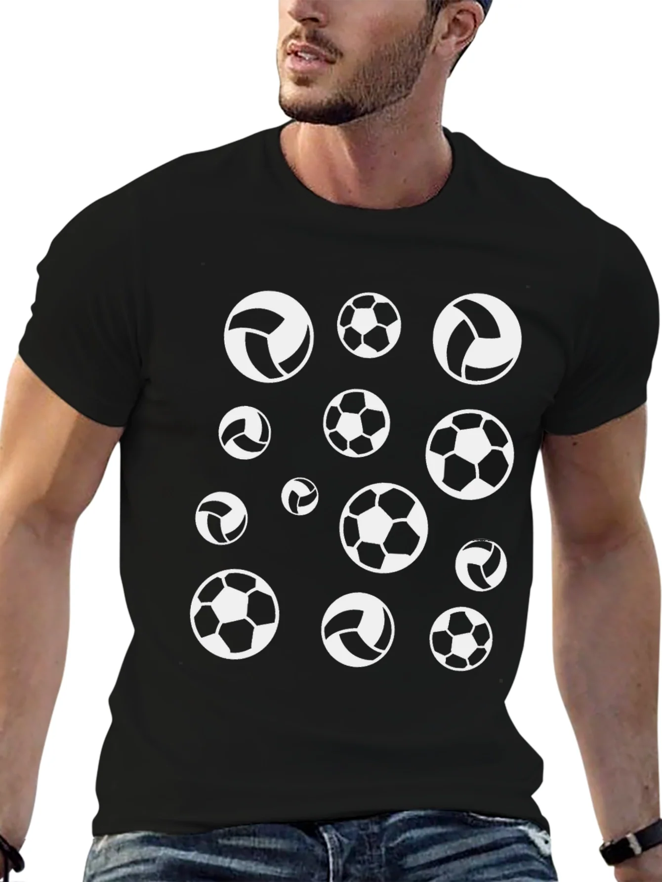 Camiseta Negra Estampado Balones Deportivos