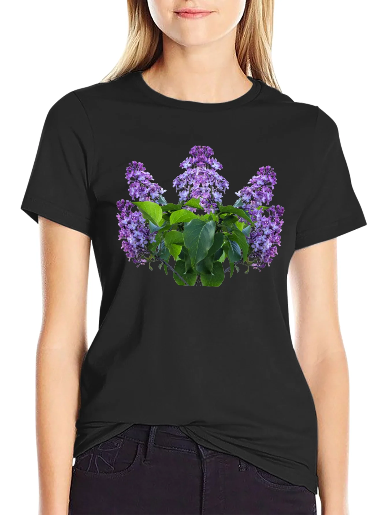 Rebbecca Lilac Floral Print Black T-Shirt