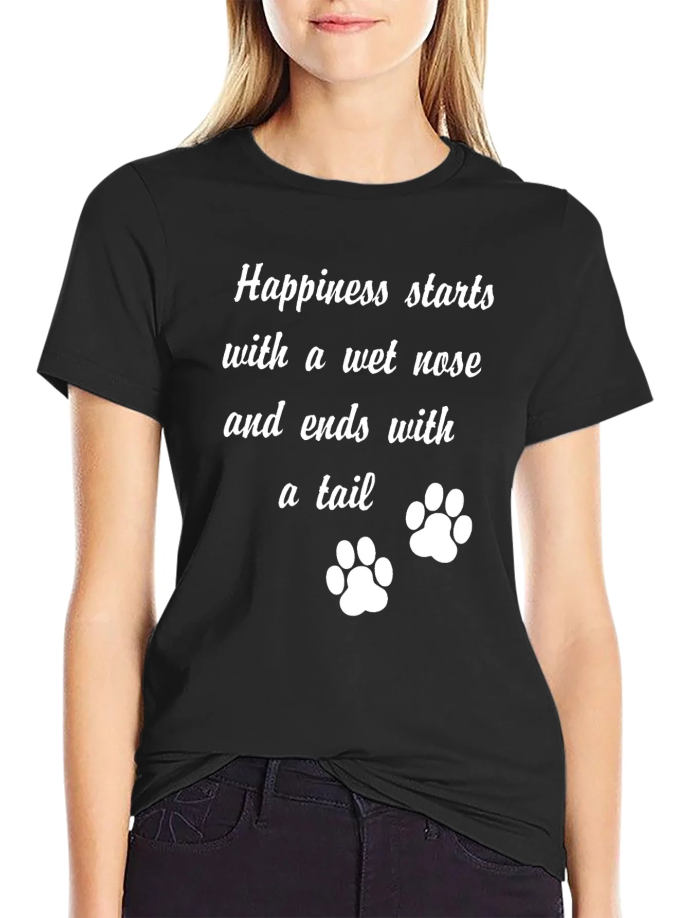Camiseta Negra: Felicidad y Huellas de Mascota