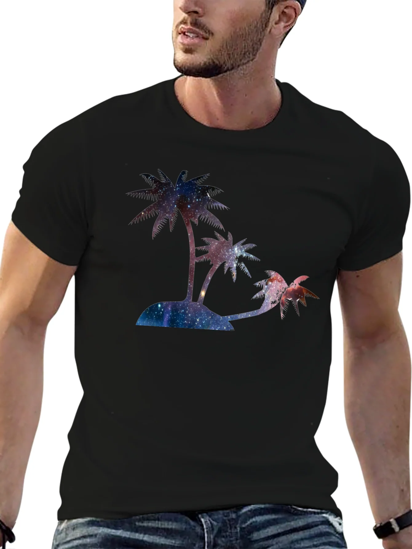 Camiseta Negra con Dise?o de Palmeras C¨®smicas