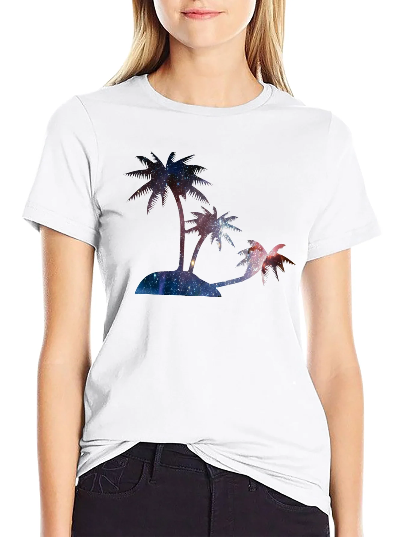 Camiseta Negra con Dise?o de Palmeras C¨®smicas