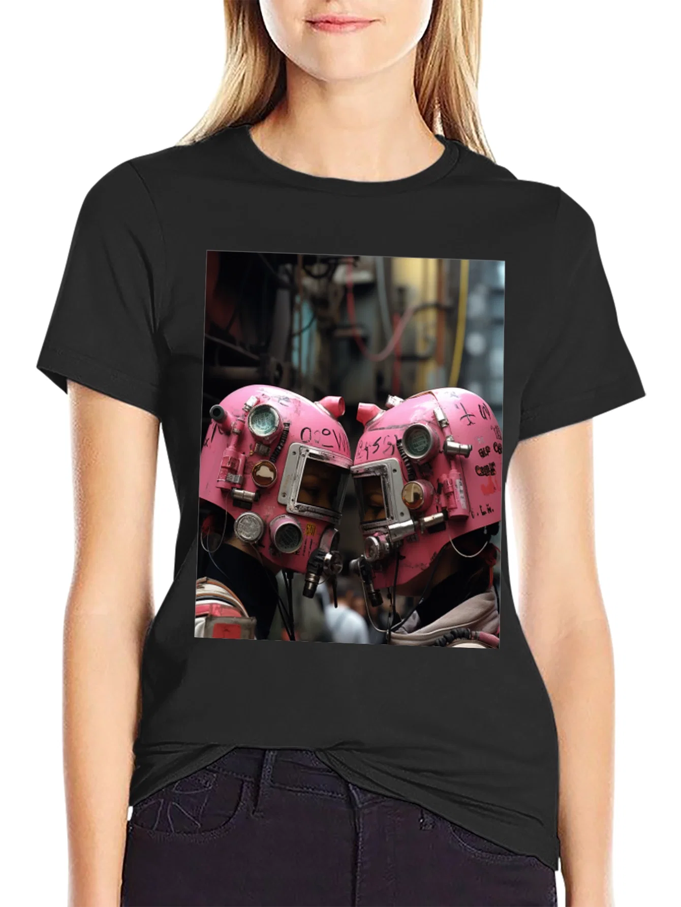 Rebbecca Abstract Pink Helmet Graphic Black Tee