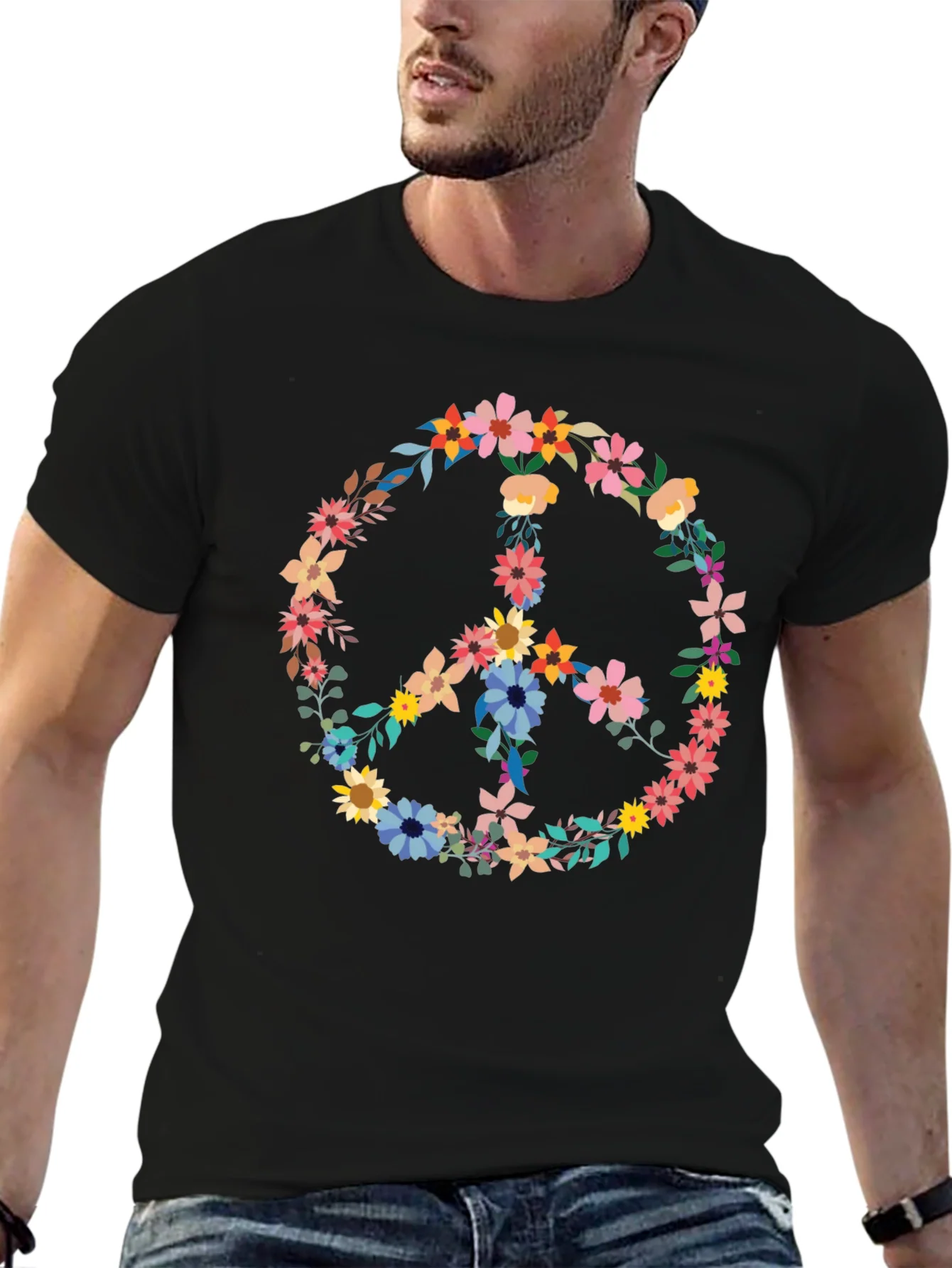 Rebbecca Floral Peace Sign Graphic Tee - Black