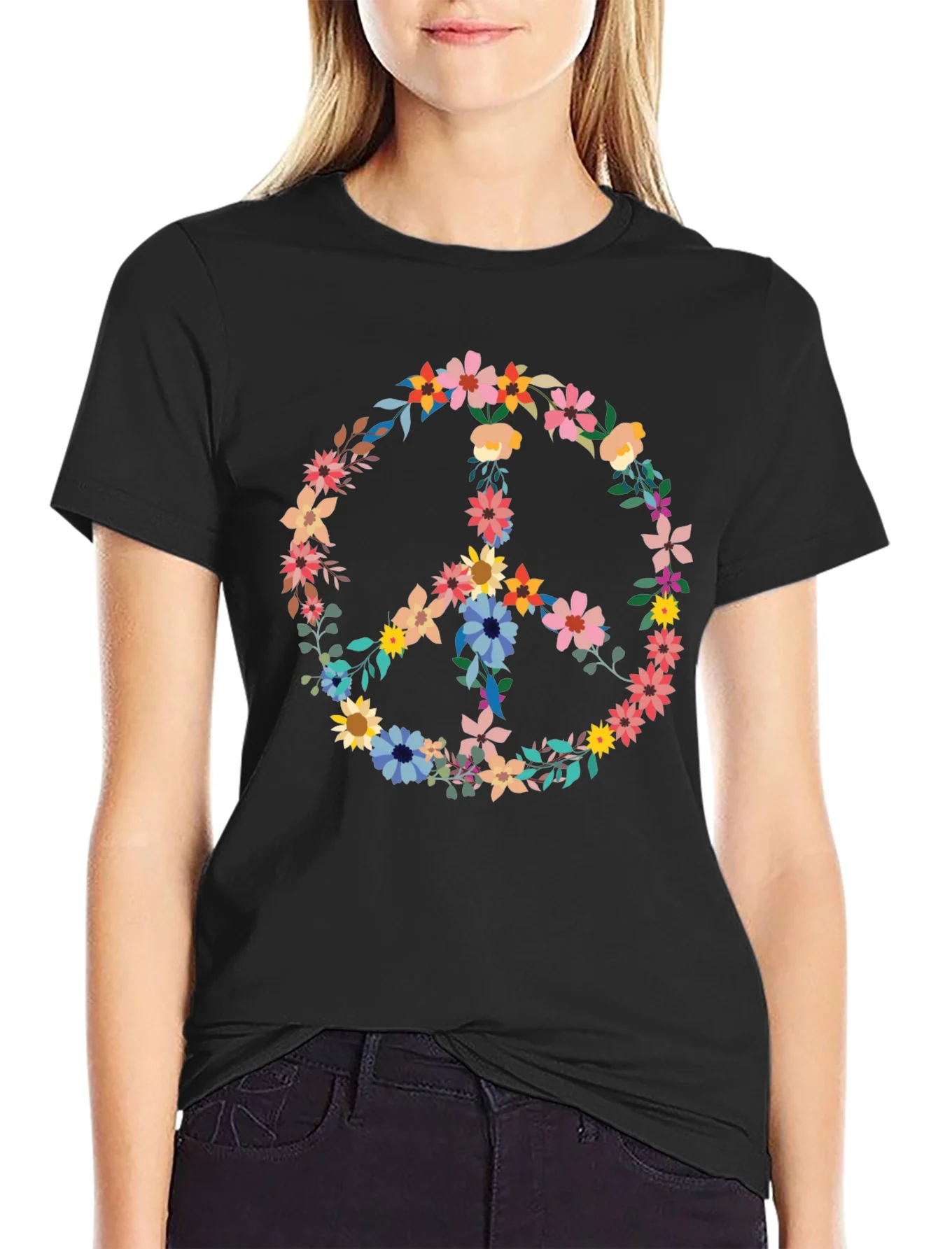 Rebbecca Floral Peace Sign Graphic Tee - Black