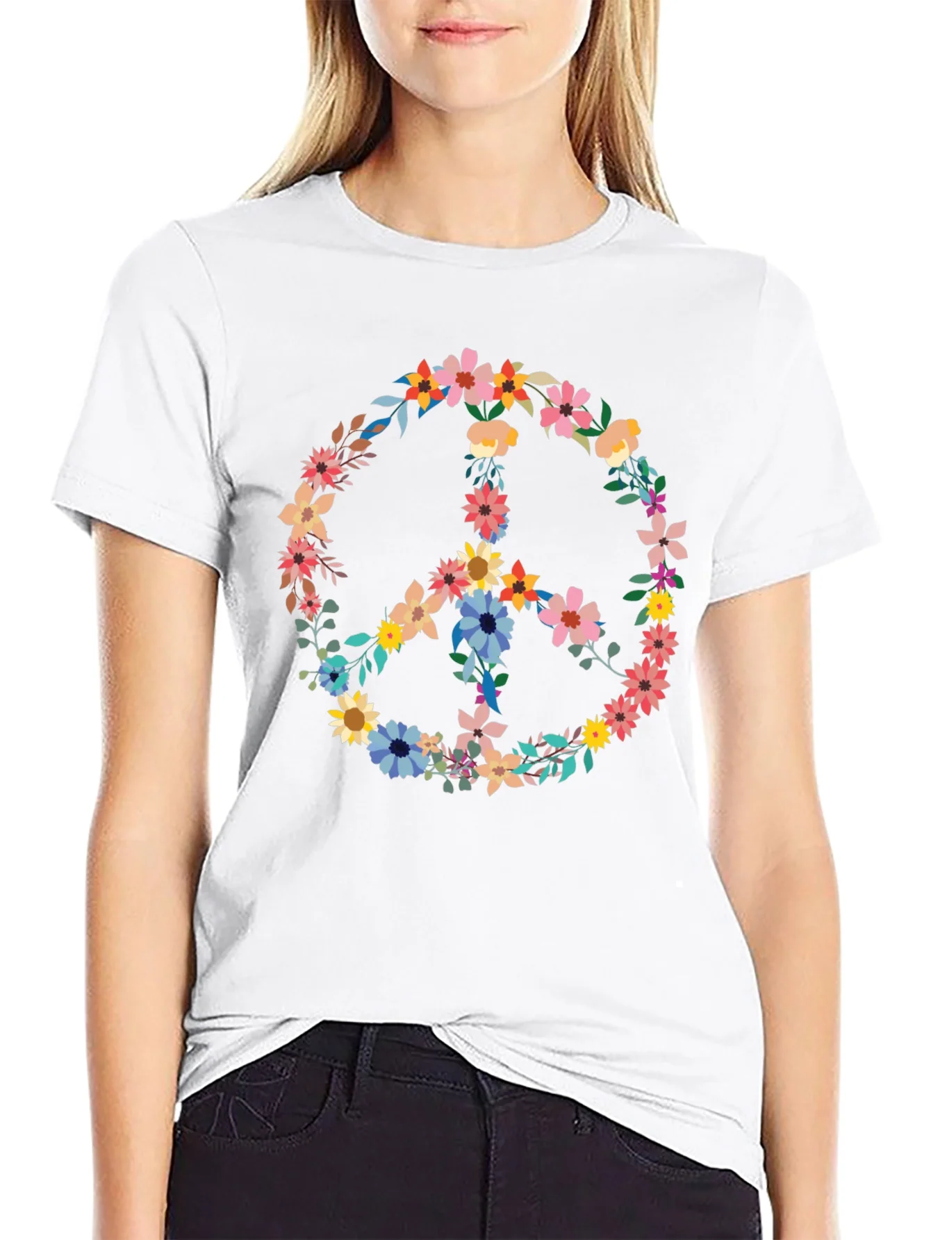 Rebbecca Floral Peace Sign Graphic Tee - Black