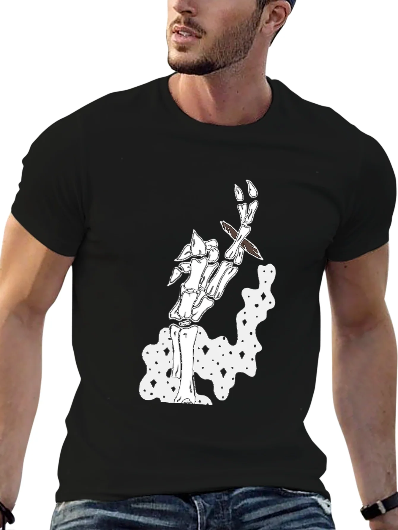 Camiseta Negra con Dise?o de Esqueleto Fumando