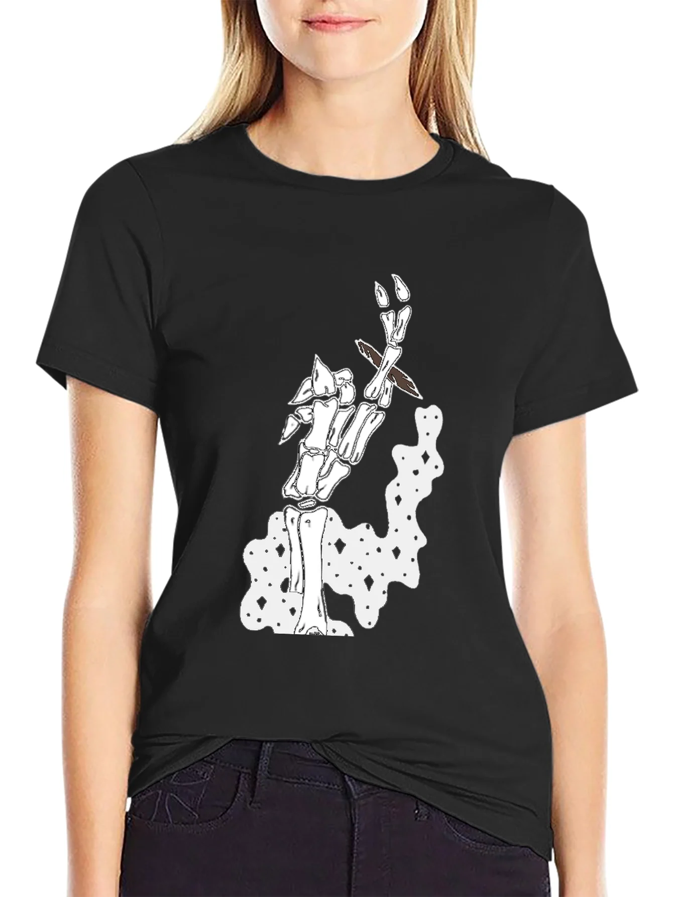 Camiseta Negra con Dise?o de Esqueleto Fumando