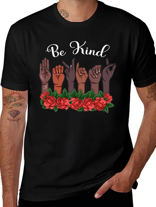 Rebbecca Be Kind T-Shirt Sign Language Design Floral Accent