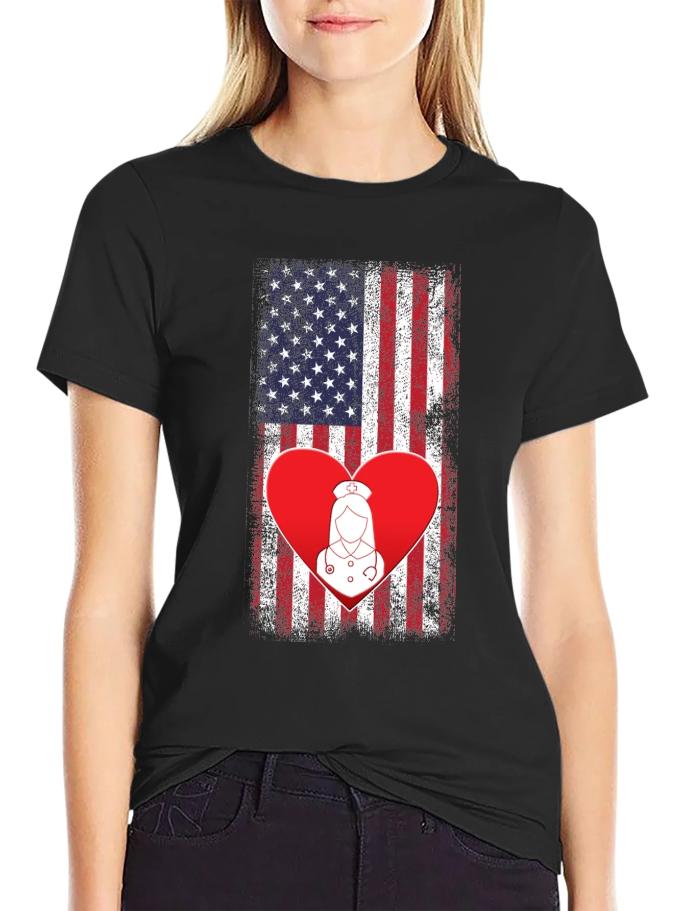 Rebbecca American Flag Nurse Heart T-Shirt