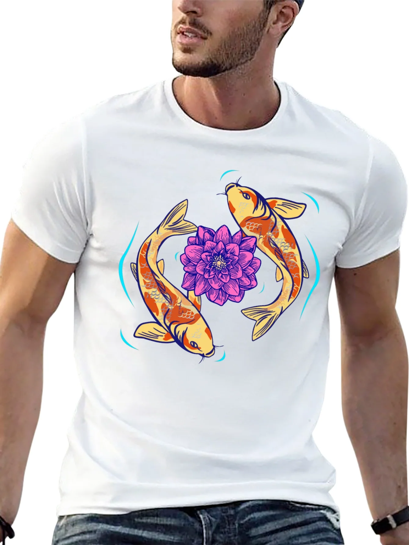 Camiseta Negra con Dise?o Koi y Loto