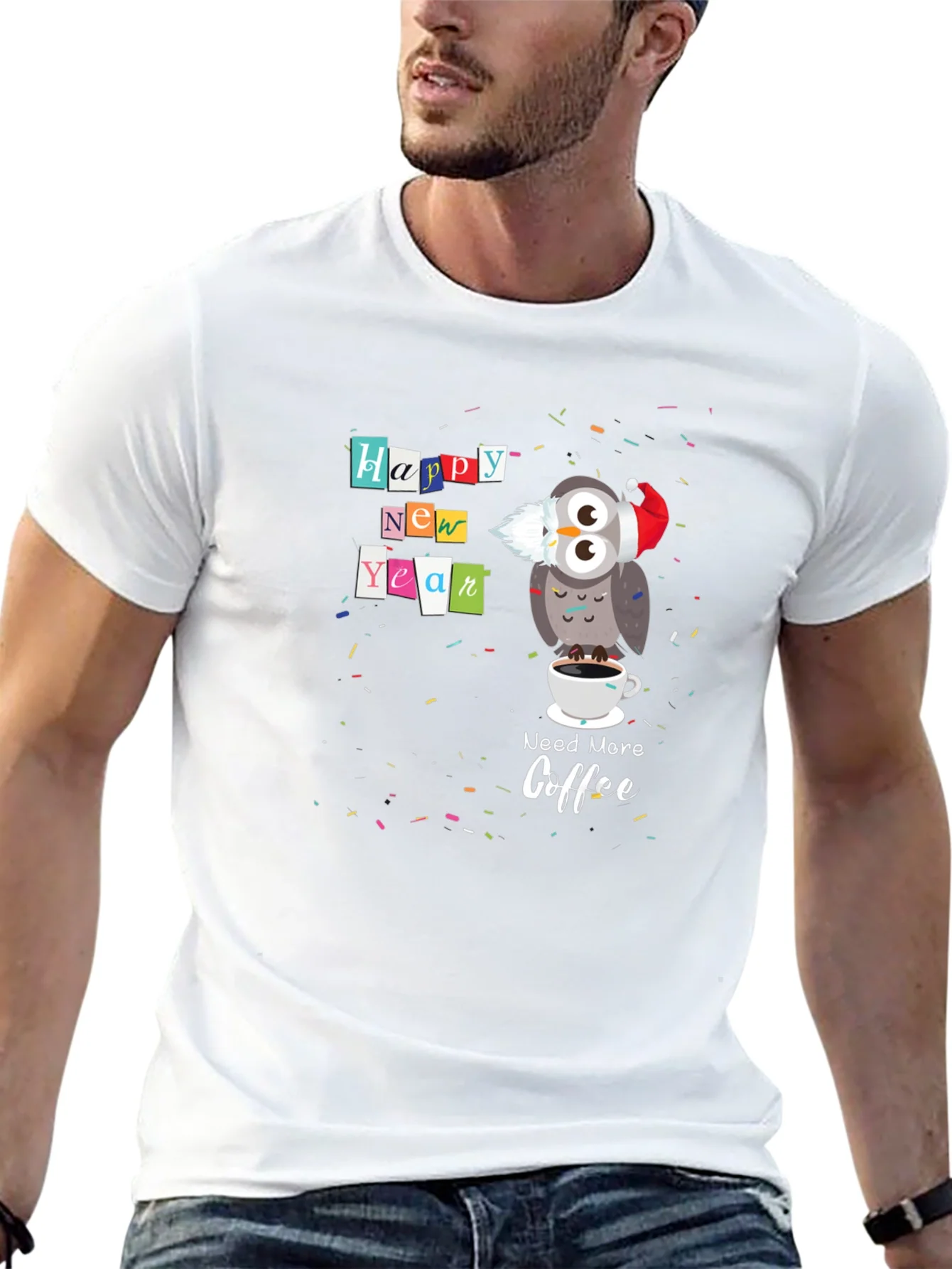 Camiseta Negra Feliz A?o Nuevo B¨²ho Cafetero