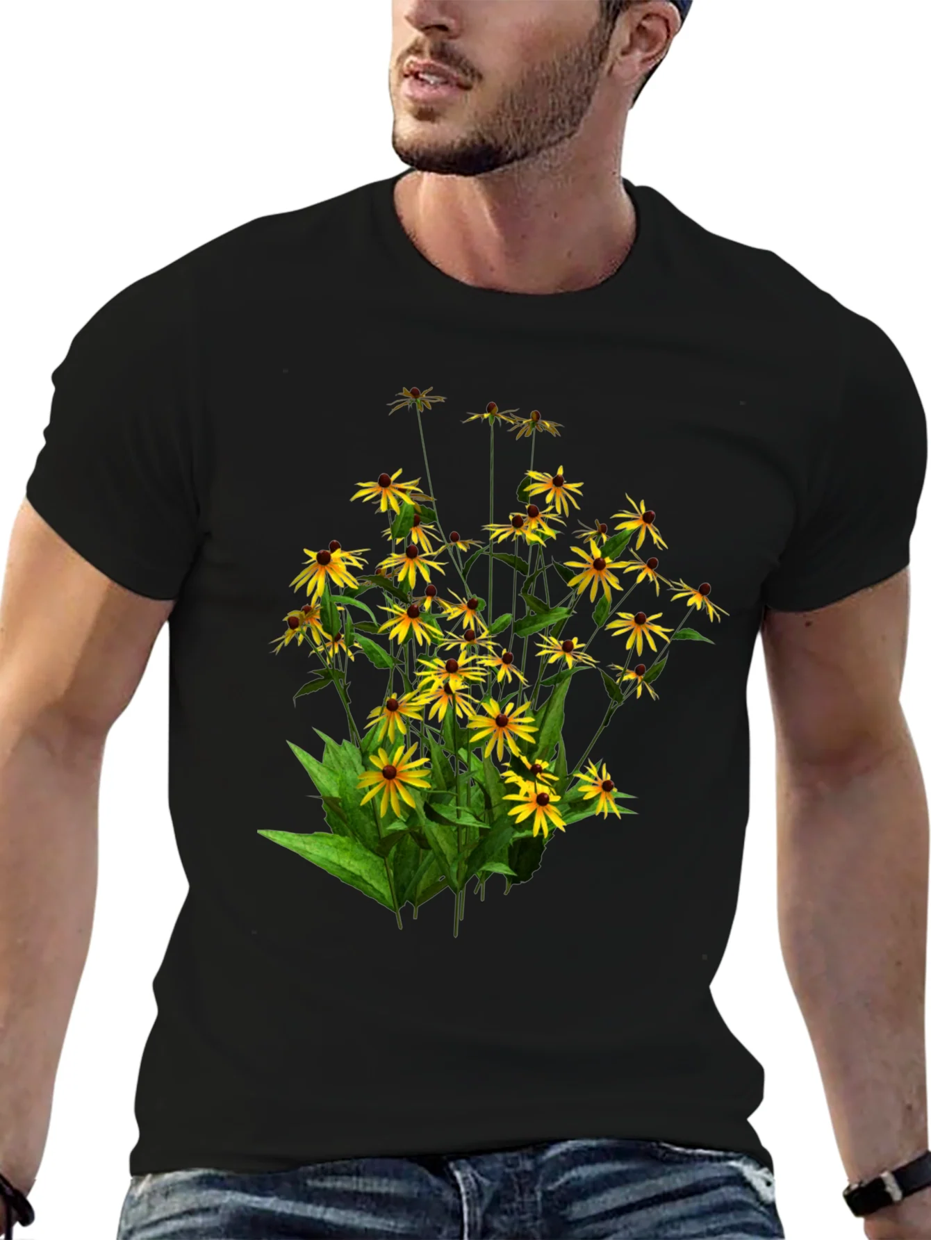 Camiseta Negra con Dise?o Floral de Girasoles