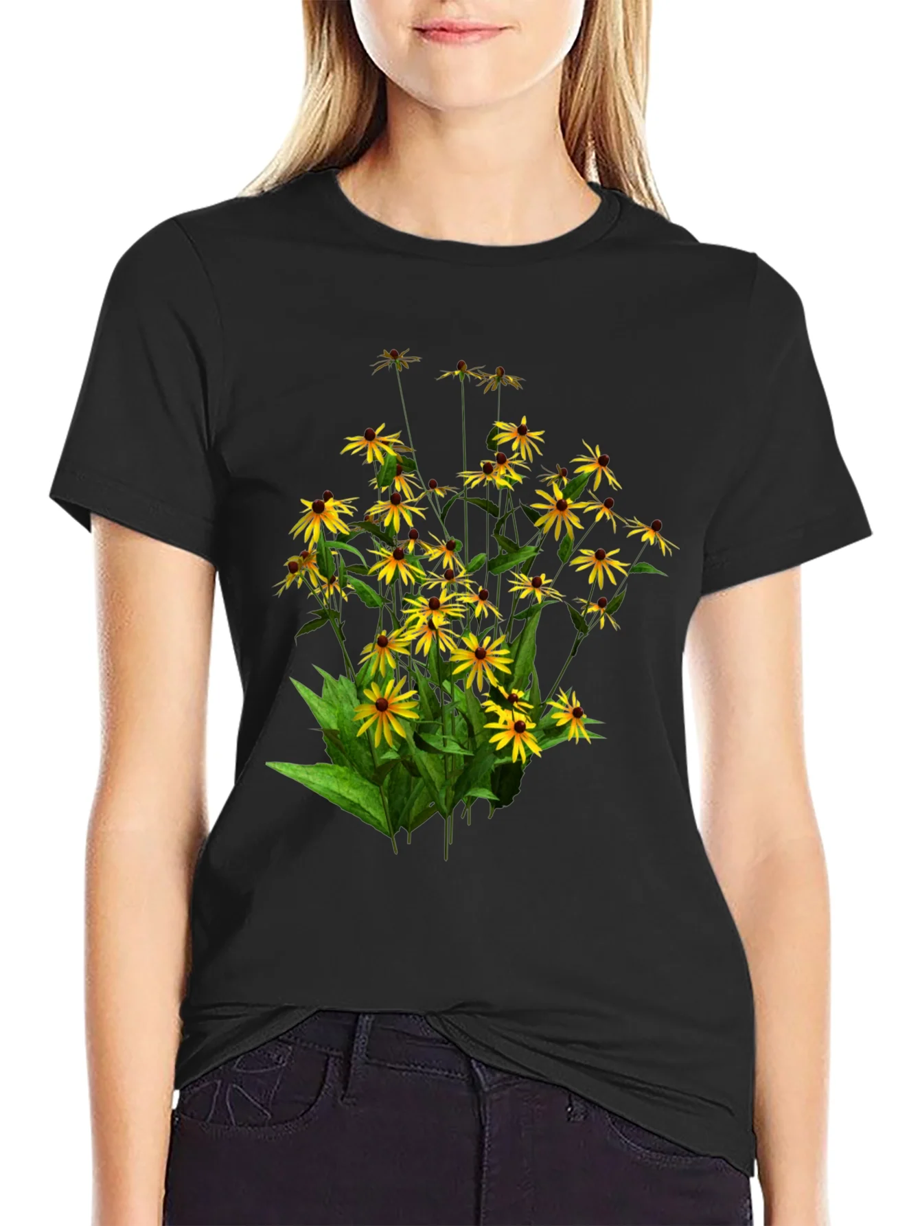 Camiseta Negra con Dise?o Floral de Girasoles