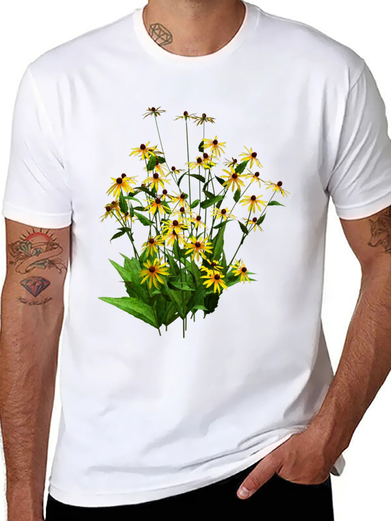 Camiseta Negra con Dise?o Floral de Girasoles