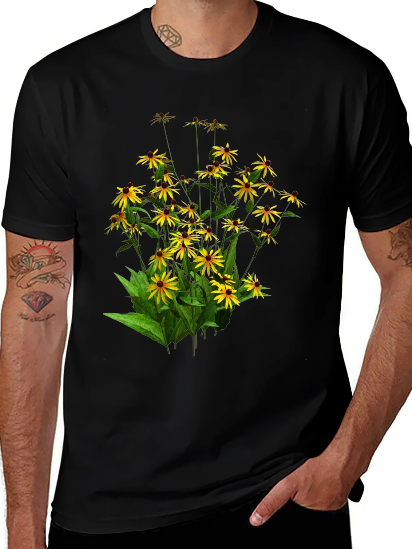 Camiseta Negra con Dise?o Floral de Girasoles