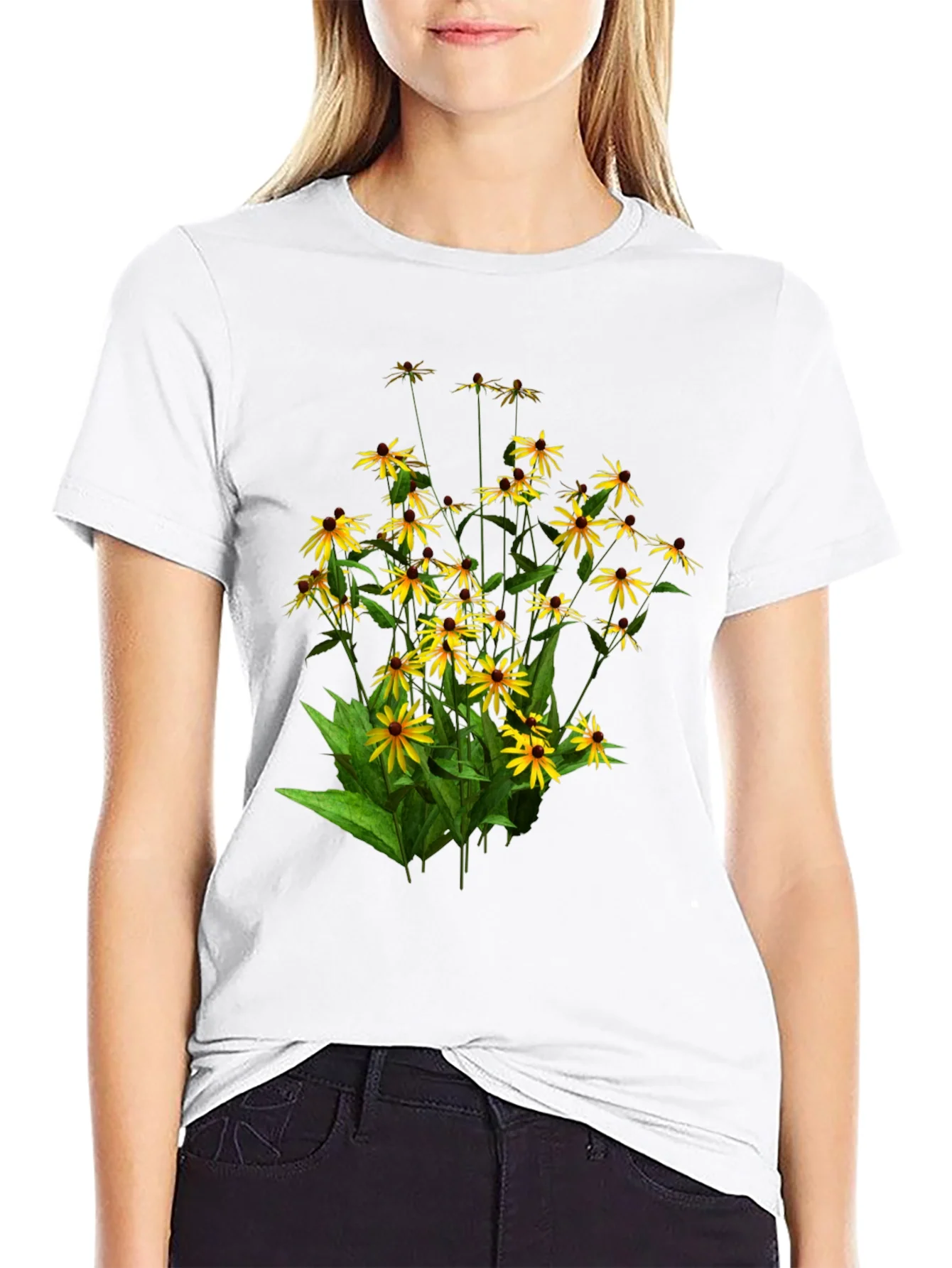 Camiseta Negra con Dise?o Floral de Girasoles