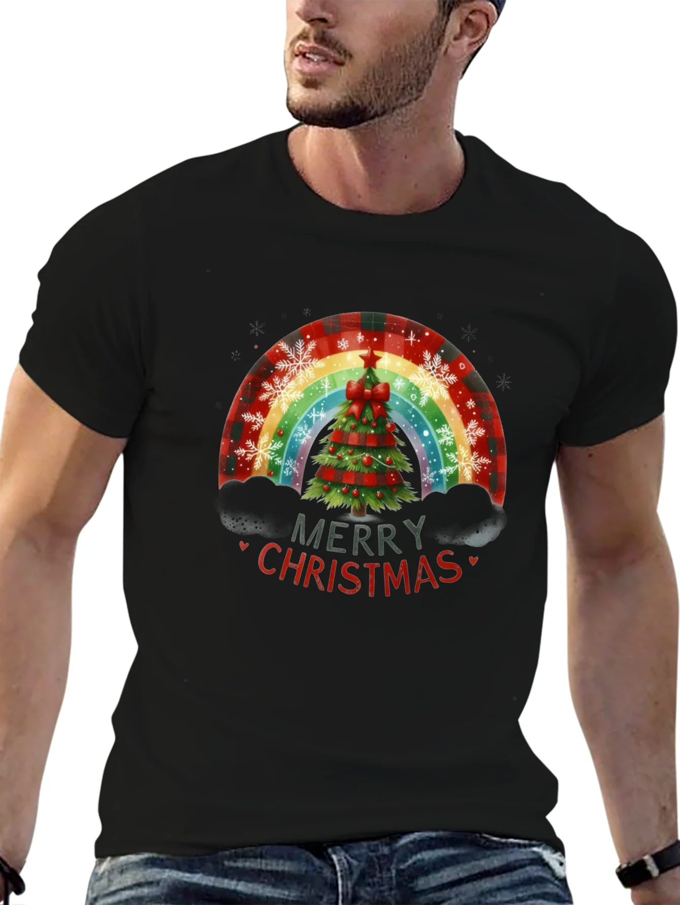 Camiseta Negra Navide?a Arco¨ªris ¨¢rbol Navidad