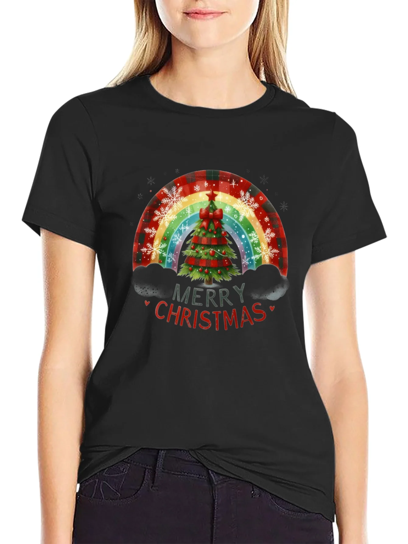Camiseta Negra Navide?a Arco¨ªris ¨¢rbol Navidad