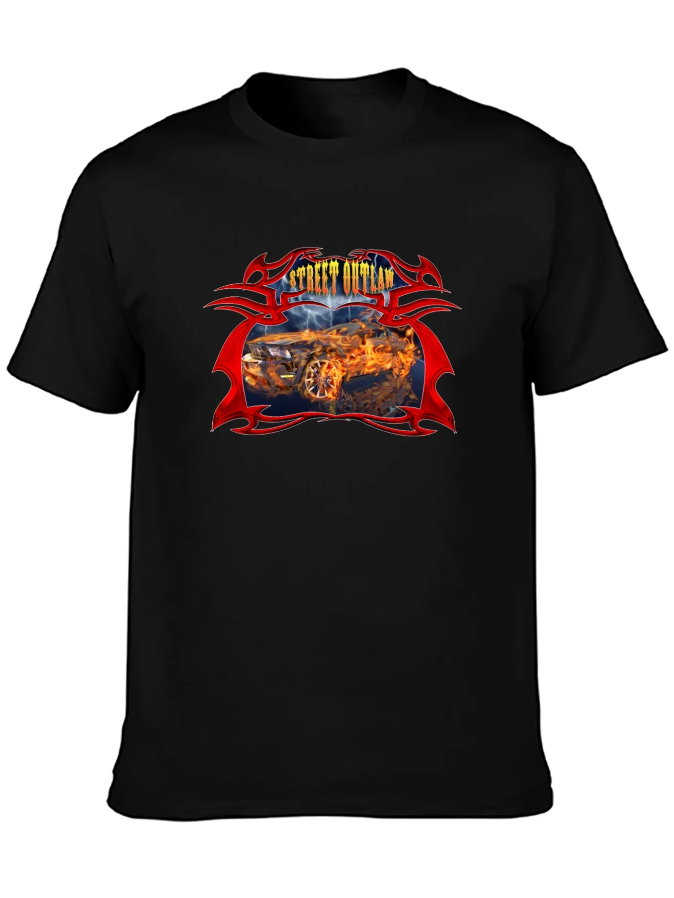 Camiseta Negra Street Outlaw Coche en Llamas