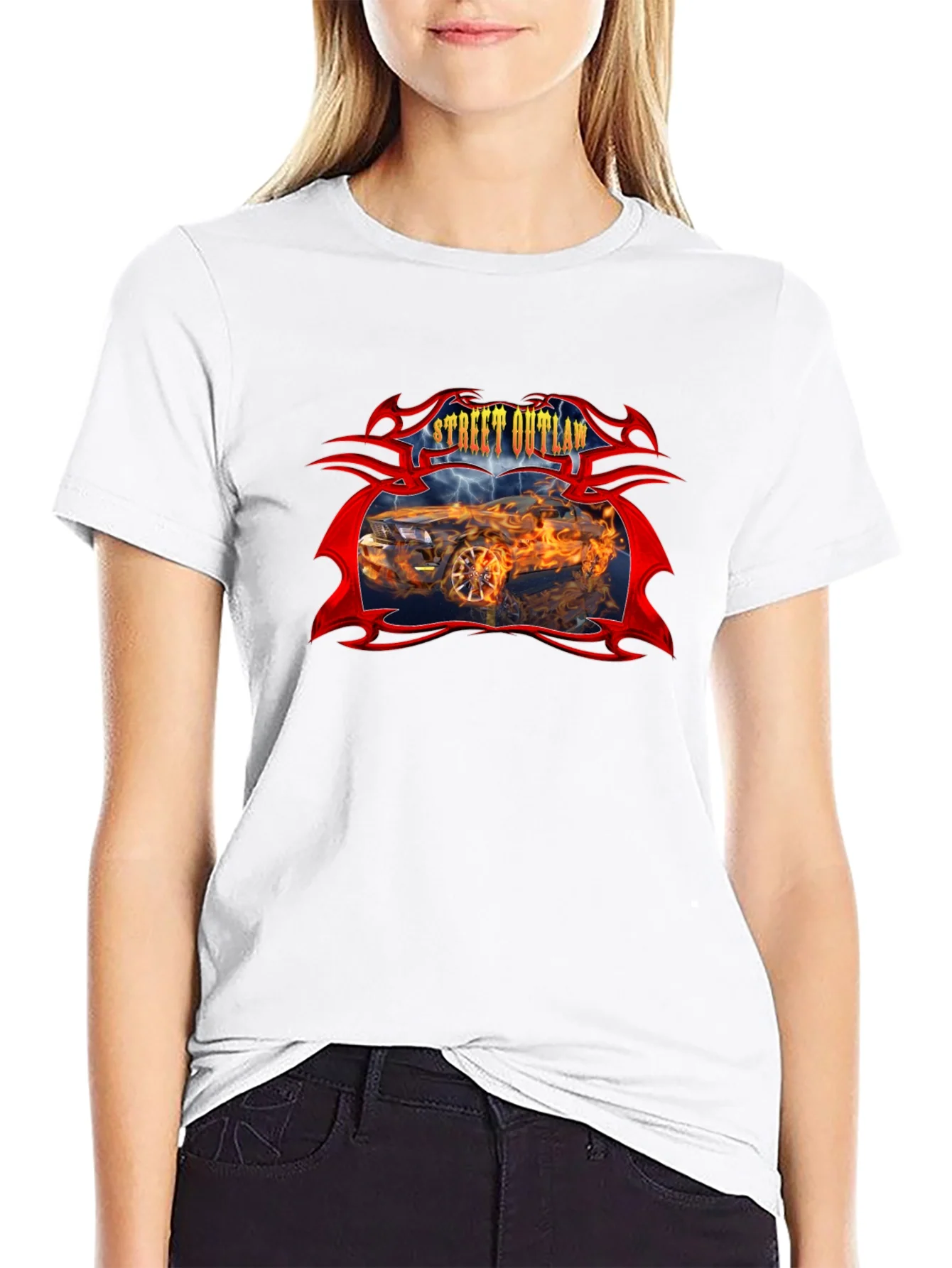 Camiseta Negra Street Outlaw Coche en Llamas