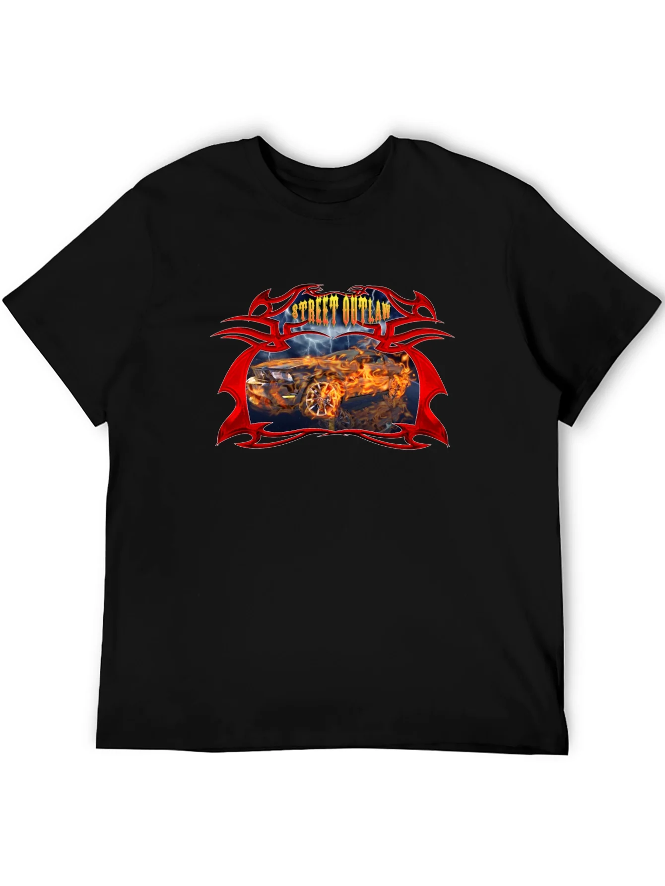 Camiseta Negra Street Outlaw Coche en Llamas
