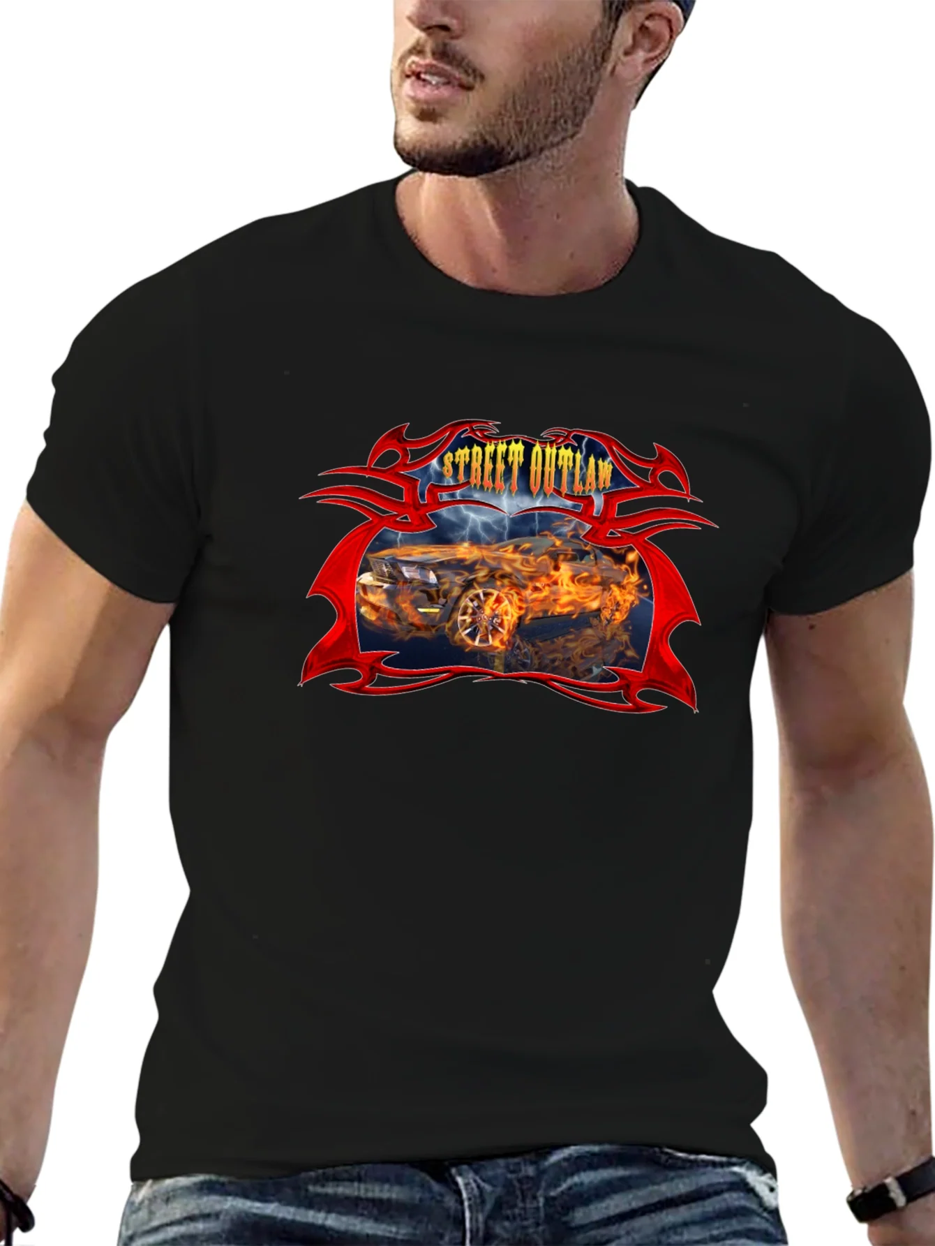 Camiseta Negra Street Outlaw Coche en Llamas